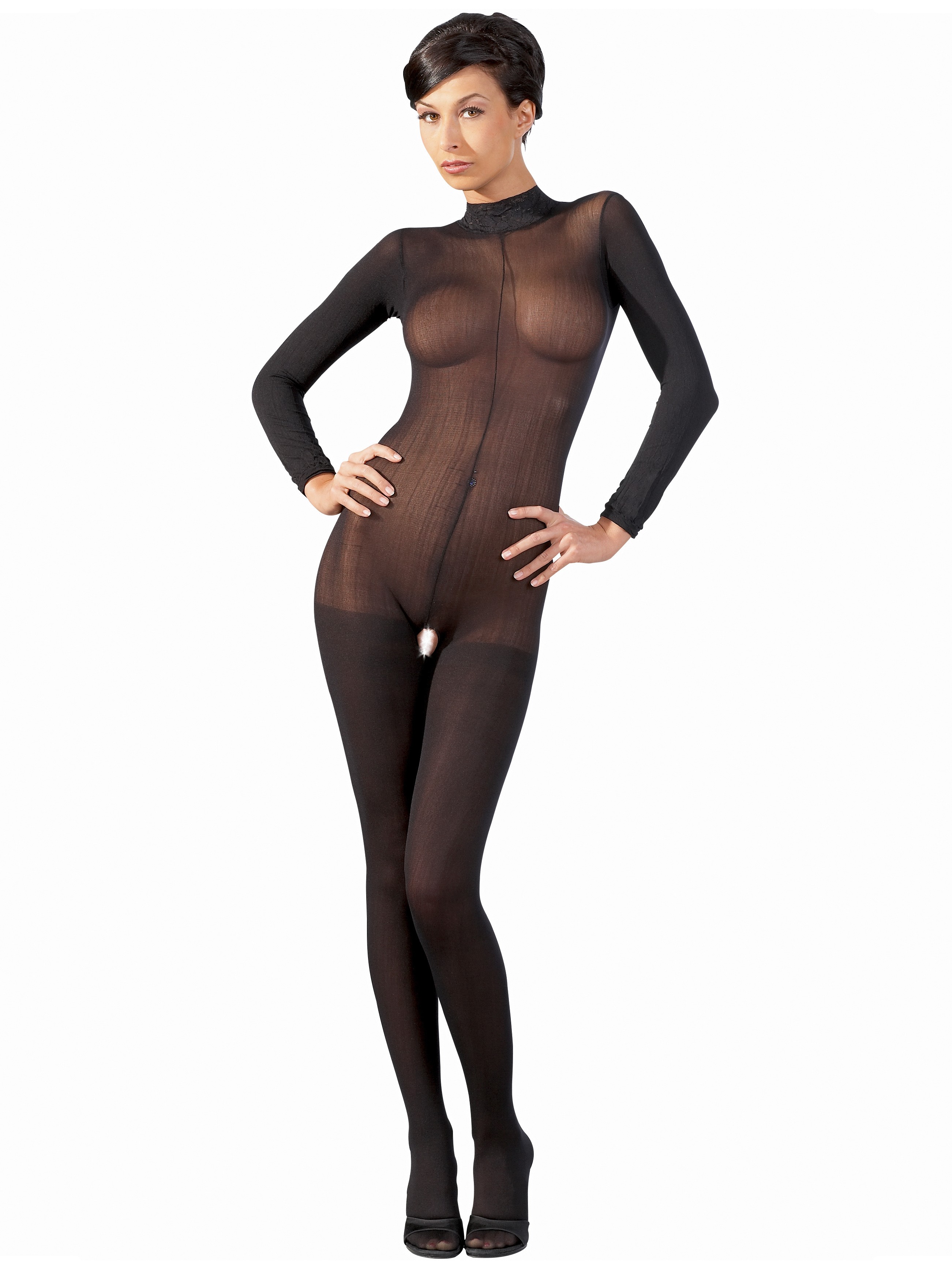 Mandy Mystery Sheer High Neck Crotchless Bodystocking, Black, hi-res
