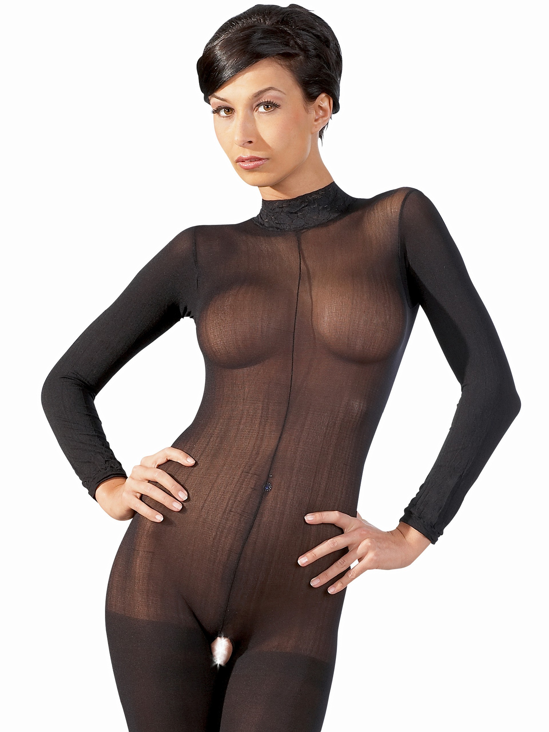 Mandy Mystery Sheer High Neck Crotchless Bodystocking, Black, hi-res