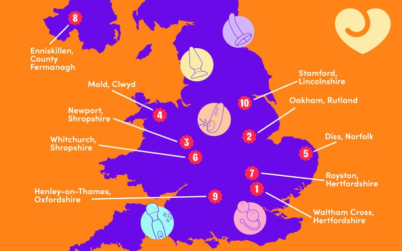 A map of the UK with the top ten regions for sex toy purchases highlighted, starting with Waltham Cross at number one.