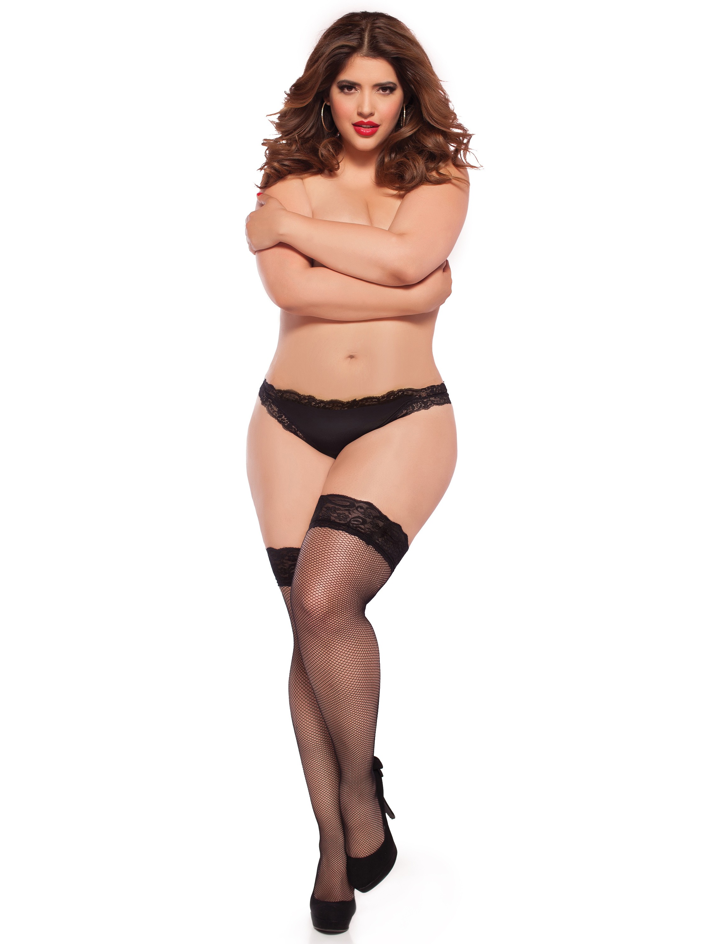 Seven 'til Midnight Plus Size Lace Top Fishnet Stockings with Back Seam, Black, hi-res