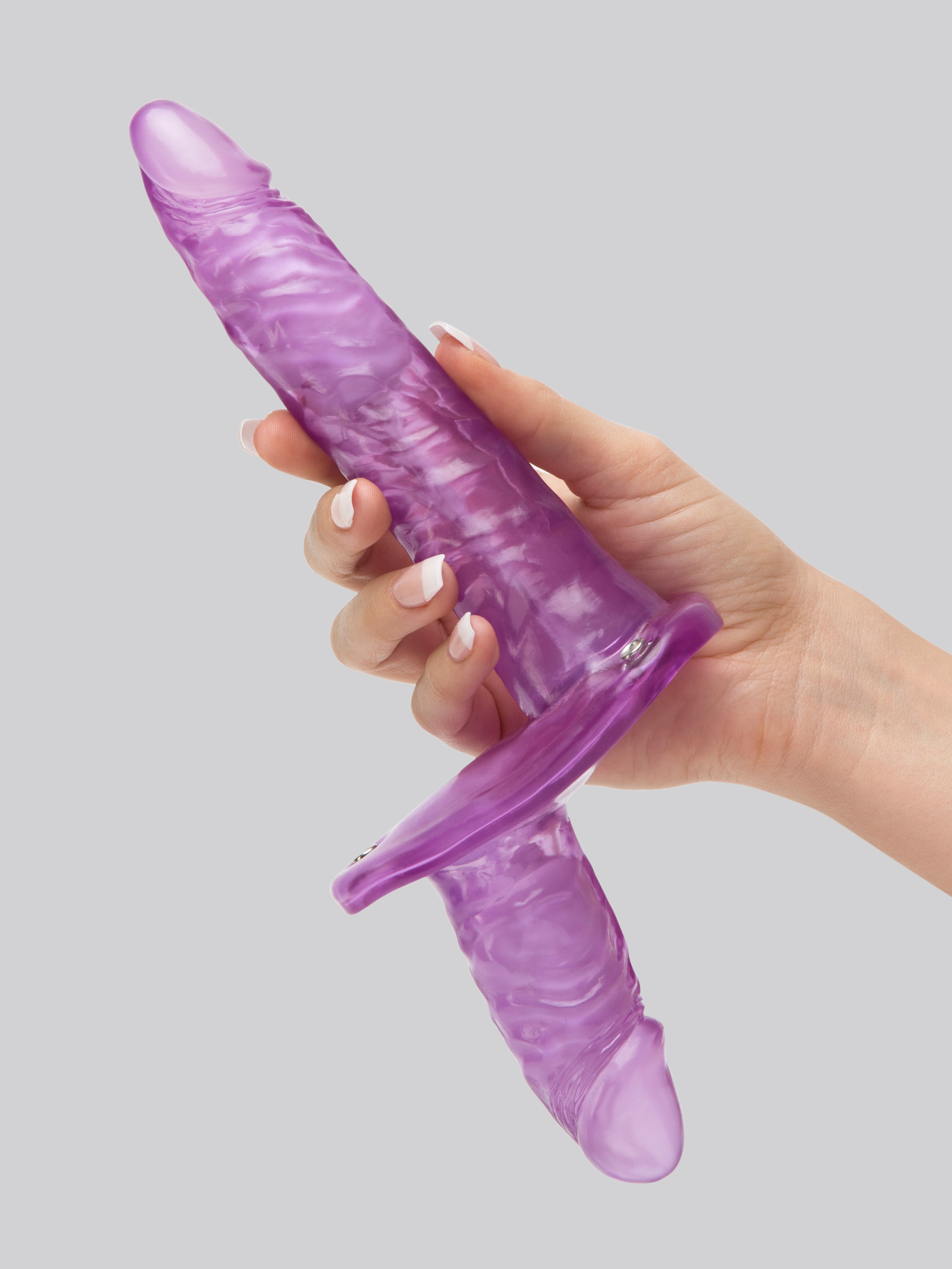 Vibrating Double-Ended Strap-On Dildo Vibrator, Purple, hi-res