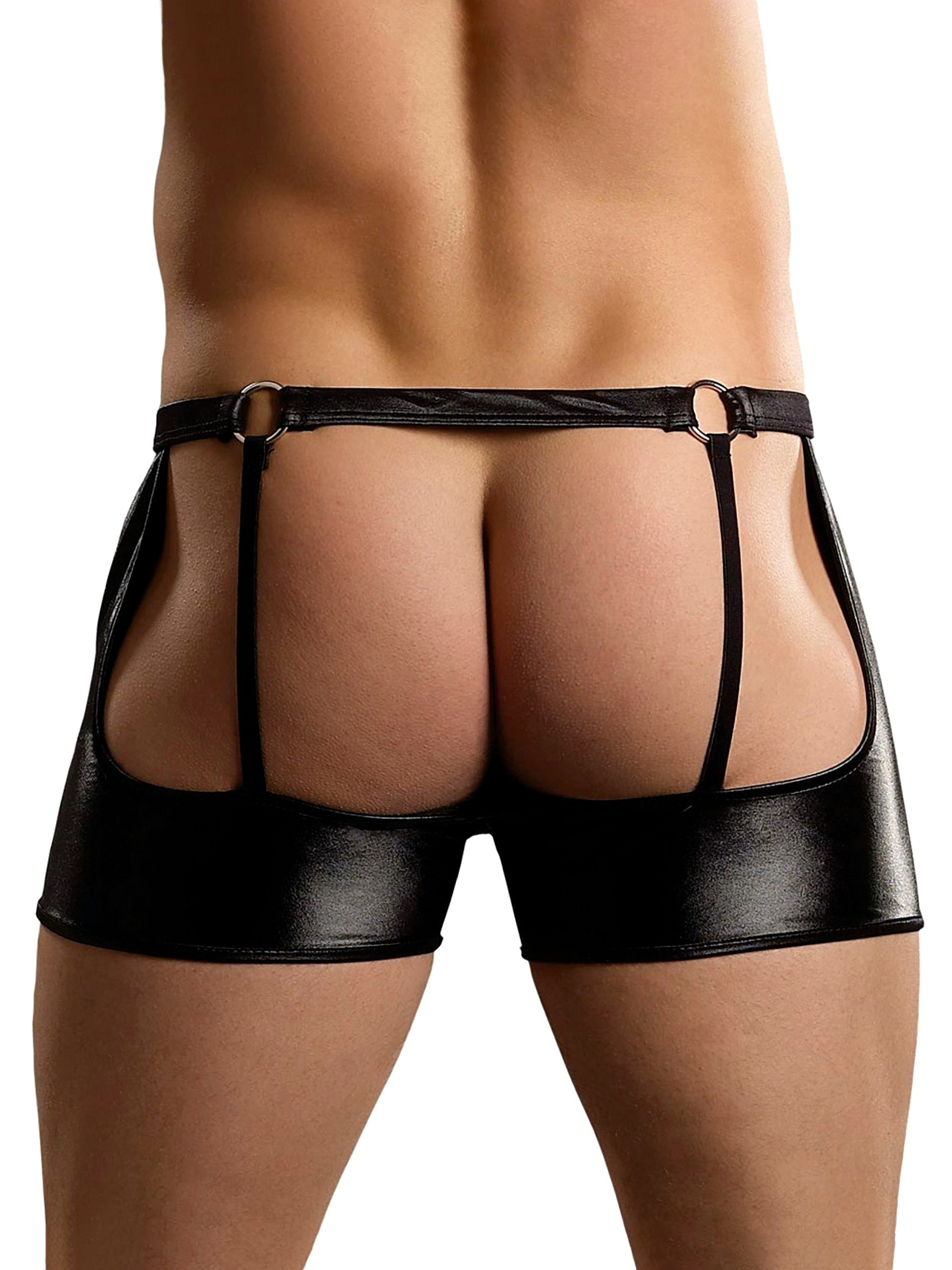 Male Power New Extreme Wet Look Garter Shorts, Black, hi-res