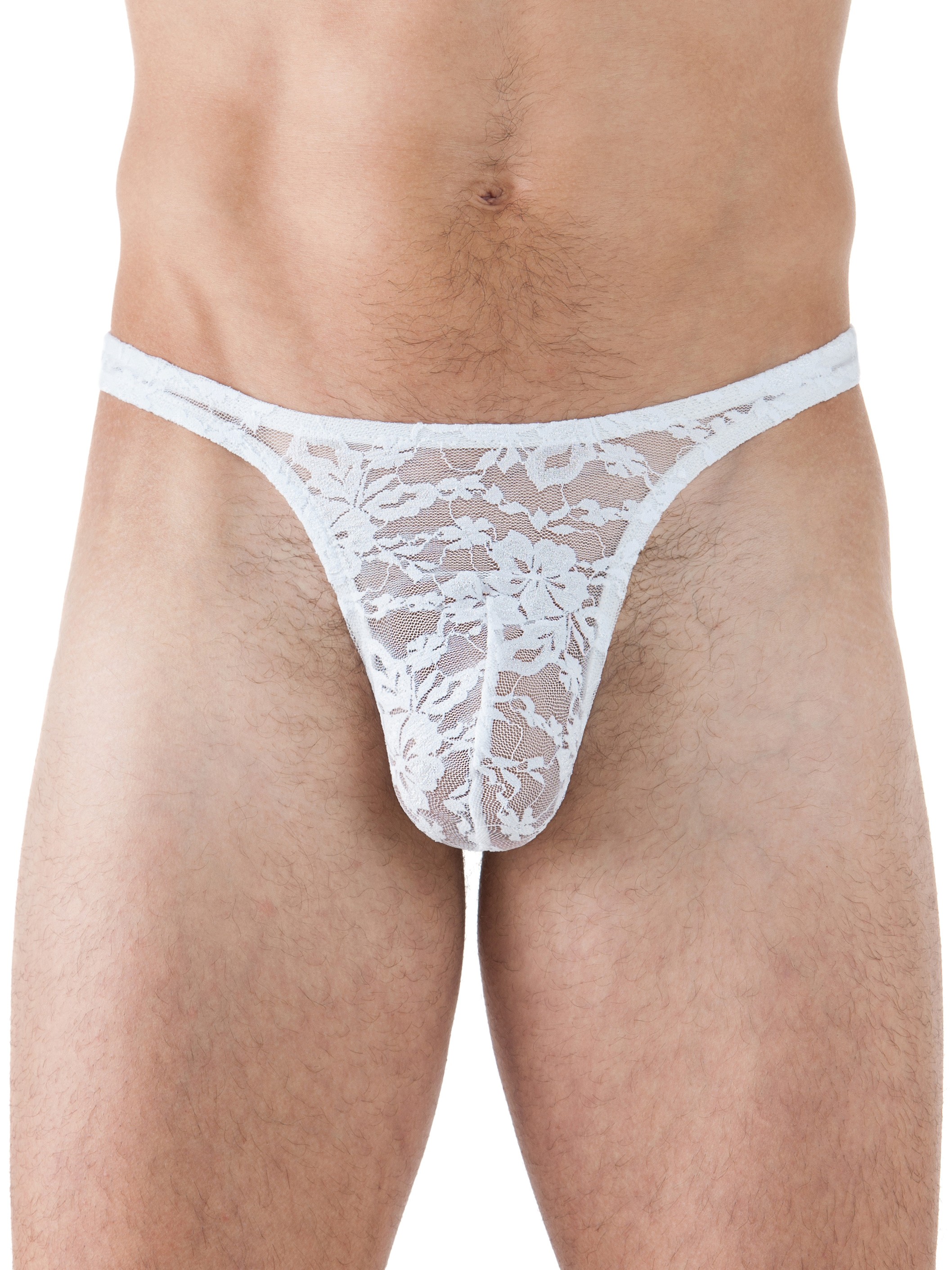 Male Power Stretch Lace Sexy Thong, White, hi-res