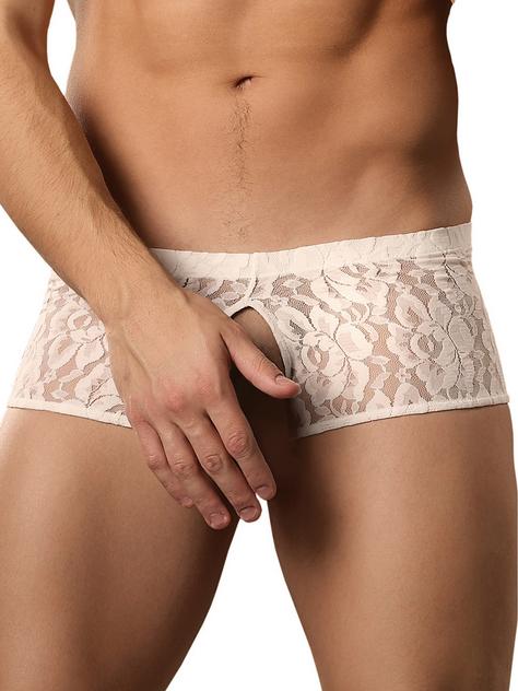 Male Power Stretch Lace Cut-Out Boxer Shorts, White, hi-res