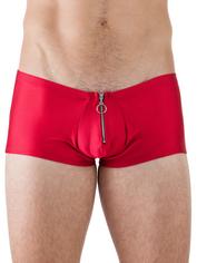 Male Power Wet Look Zipper Shorts, Red, hi-res
