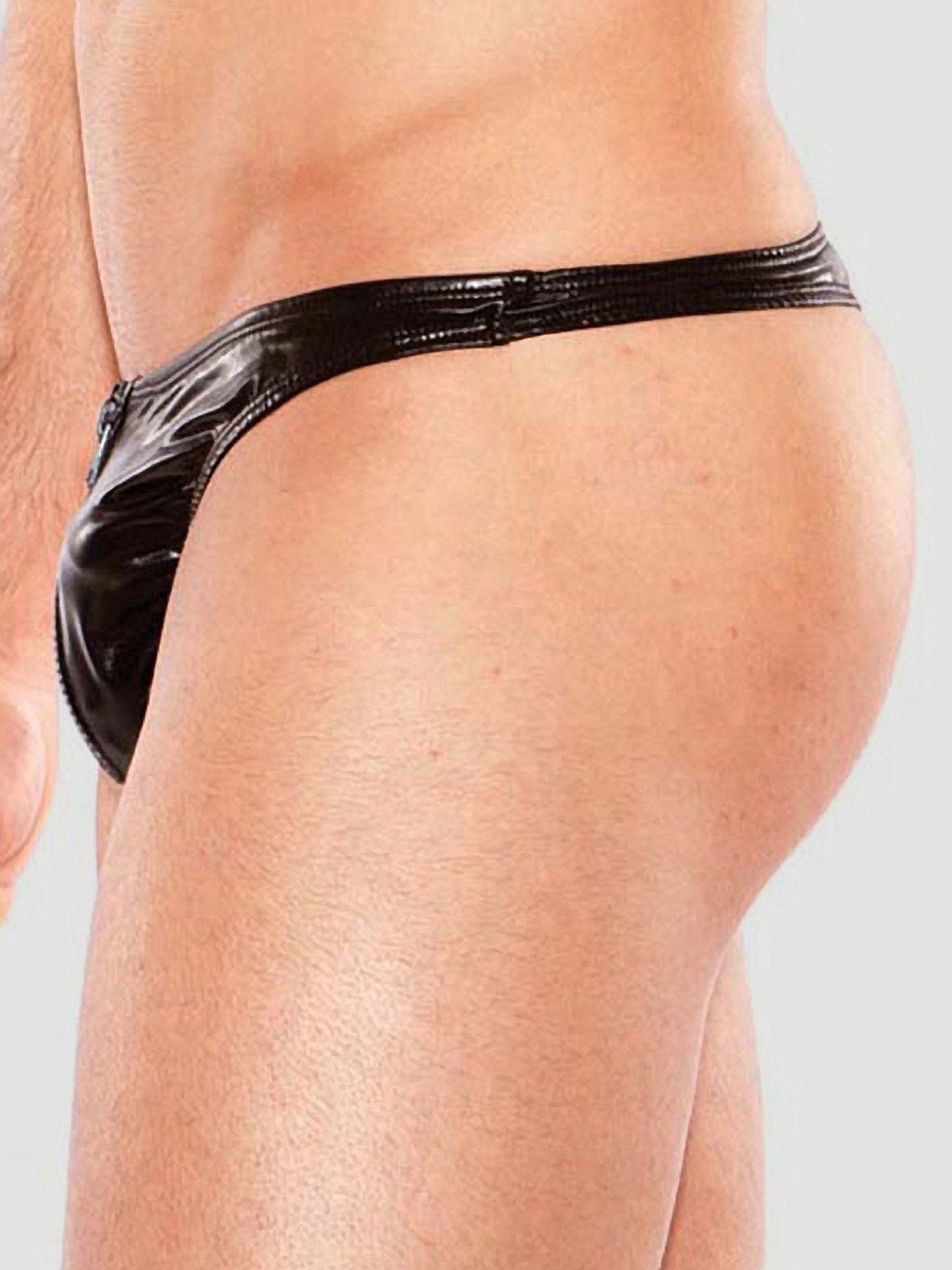Zeus by Allure Fetishwear Wet Look Zip Thong, Black, hi-res