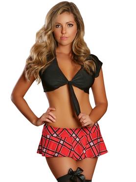 Exposed Tartan Mini Skirt and Tie-Front Top Set