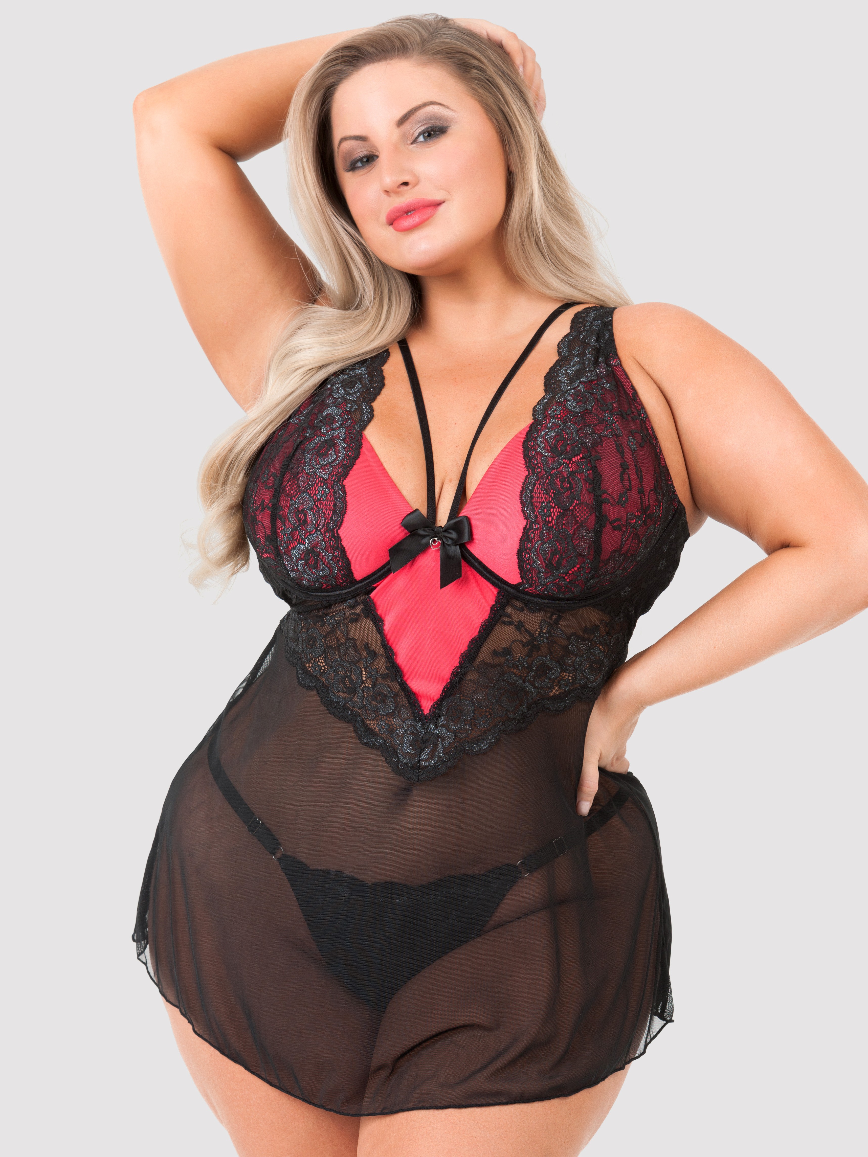 Soft Line Rosie Peek-a-Boo Bra G-String and Suspender Belt Set, Black, hi-res