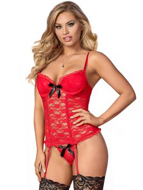 Exposed Luv Red Floral Lace Bustier and G-String Set
