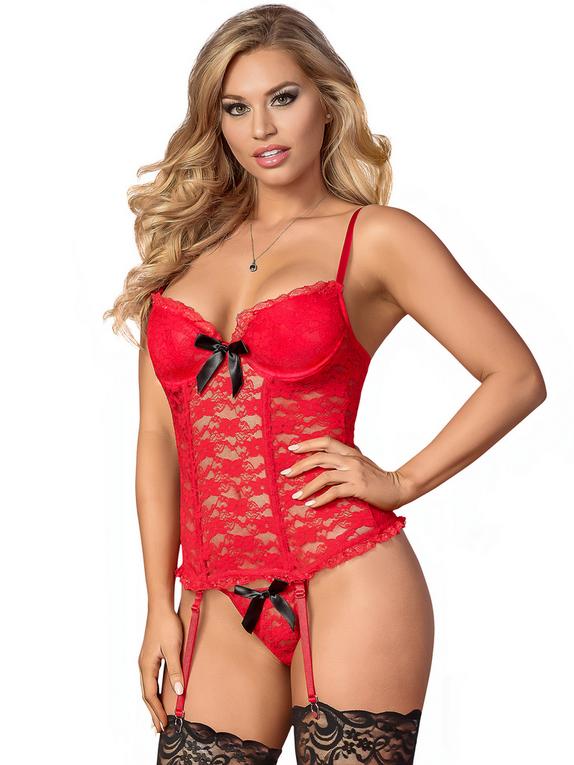 Exposed Luv Red Floral Lace Bustier and G-String Set, Rojo, hi-res