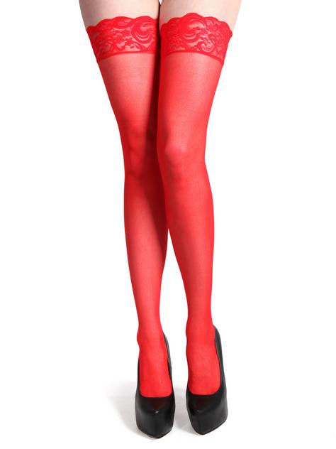 Fever Sheer Hold-Ups with Lace Tops, Red, hi-res