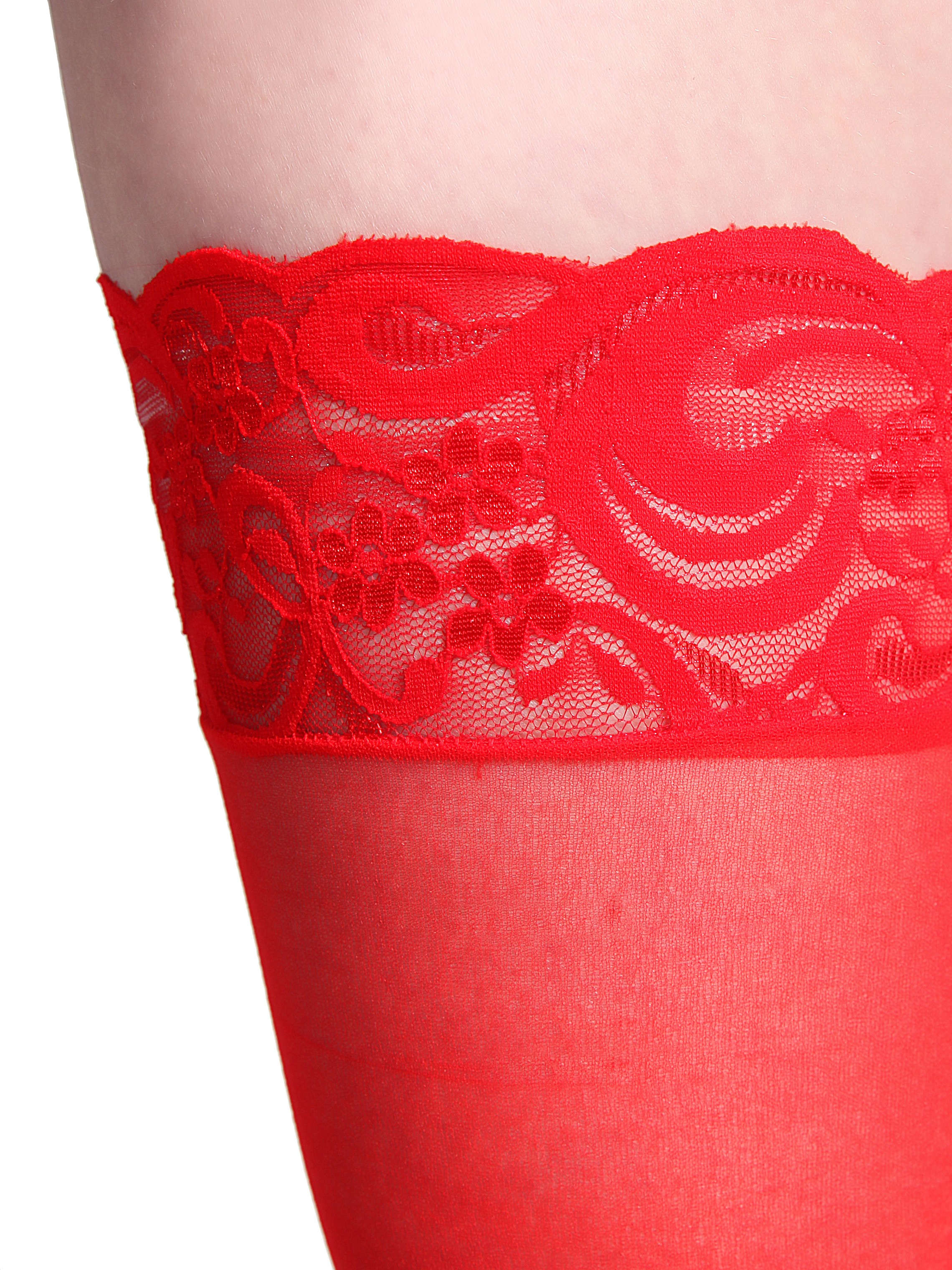 Fever Sheer Hold-Ups with Lace Tops, Red, hi-res
