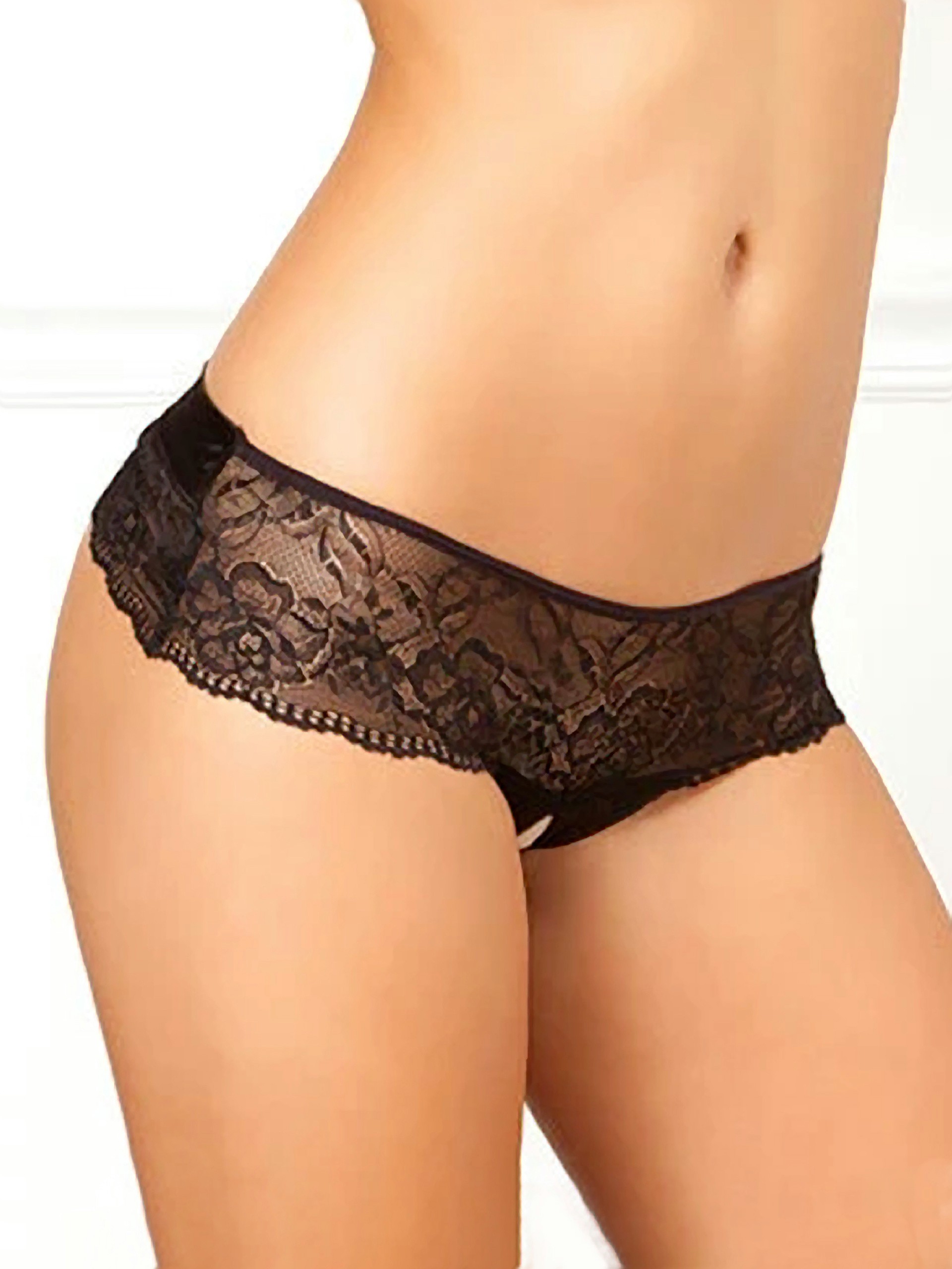 Rene Rofe Crotchless Lace Knickers with Bow Back, Black, hi-res