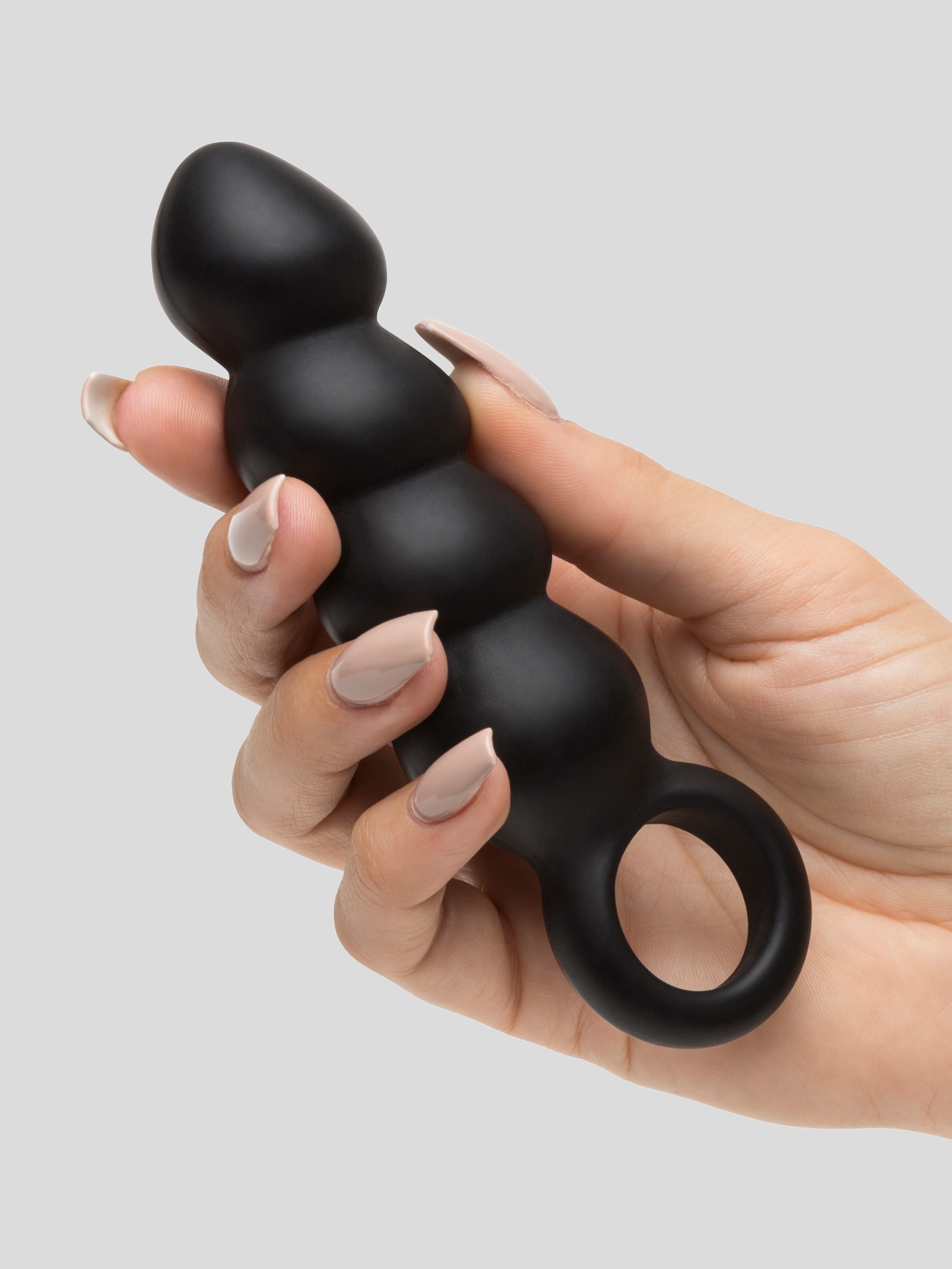 Beaded Silicone Butt Plug with Finger Loop, Black, hi-res