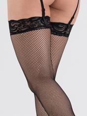 Lovehoney Black Fishnet Lace Top Thigh High Stockings, Black, hi-res