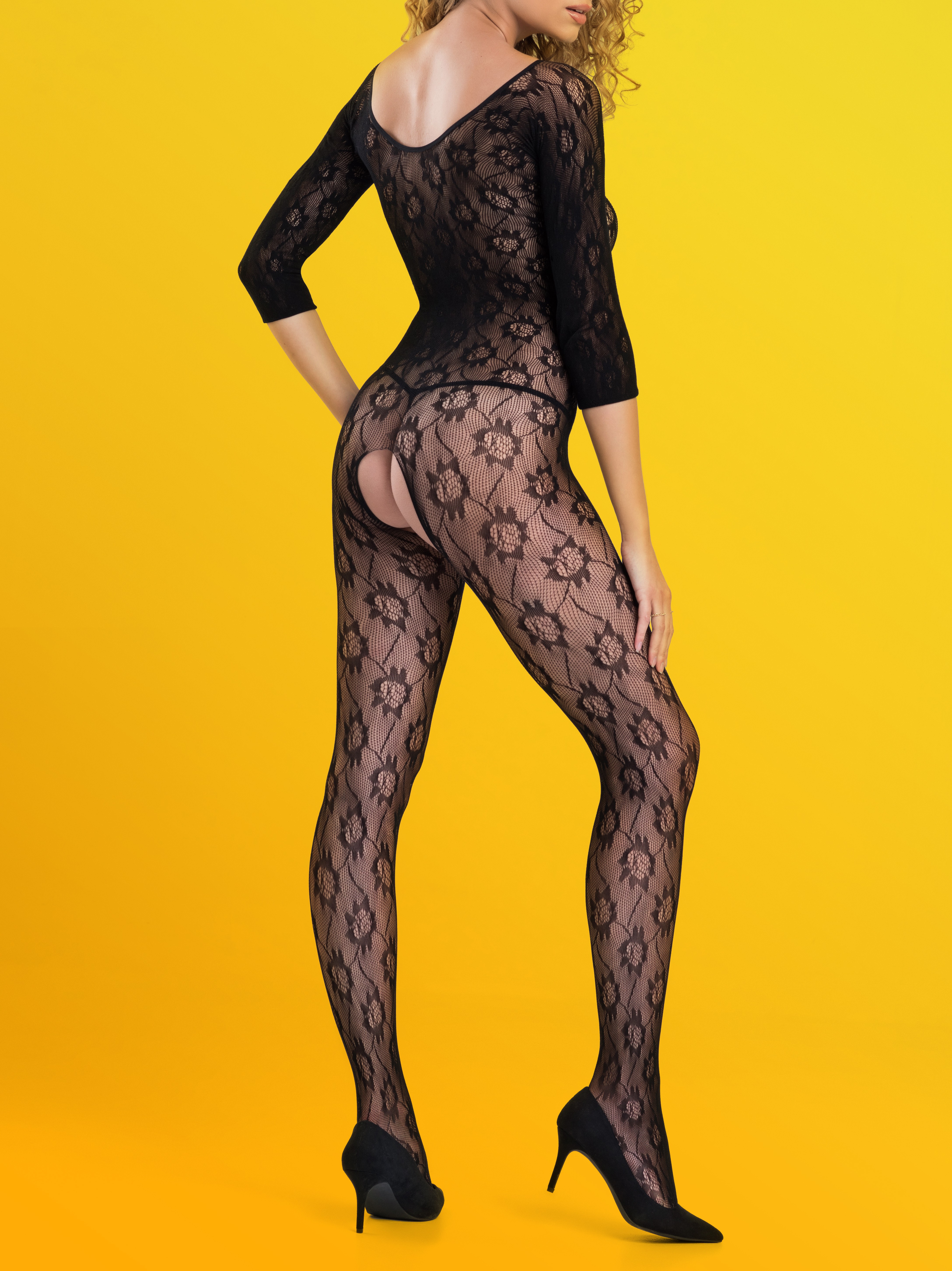 Lovehoney Boudoir Babe Black Lace Crotchless Bodystocking, Black, hi-res