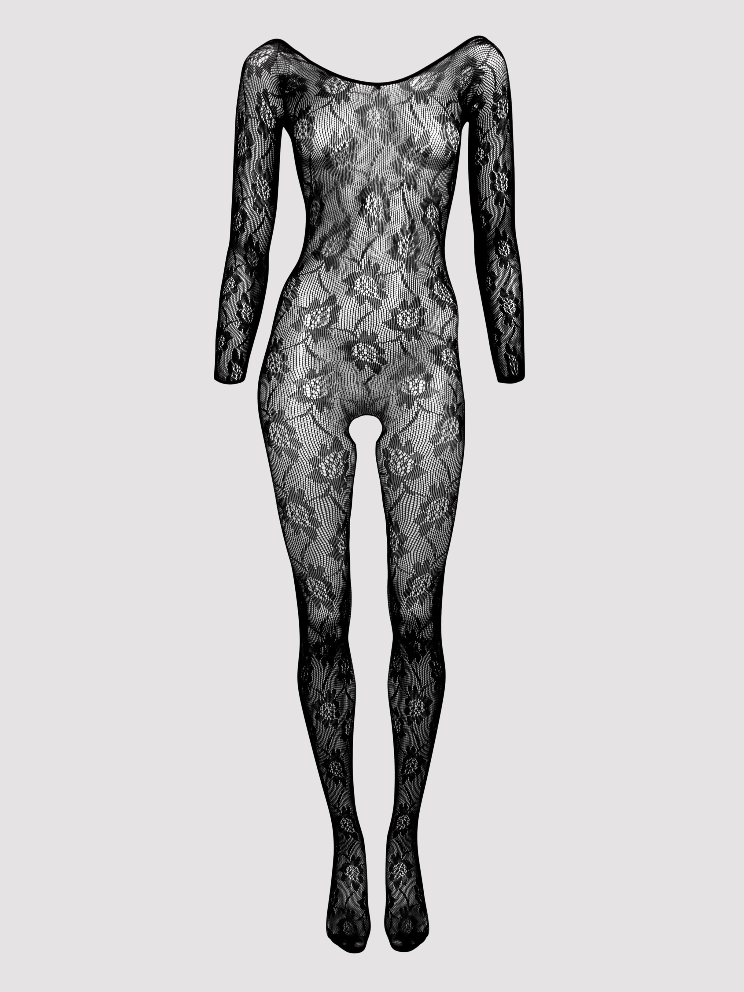 Lovehoney Boudoir Babe Black Lace Crotchless Bodystocking, Black, hi-res