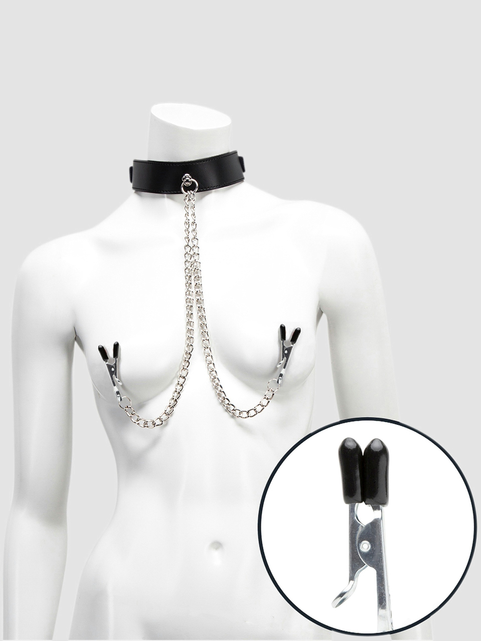 Bondage Boutique Advanced Leather Collar with Nipple Clamps, Black, hi-res