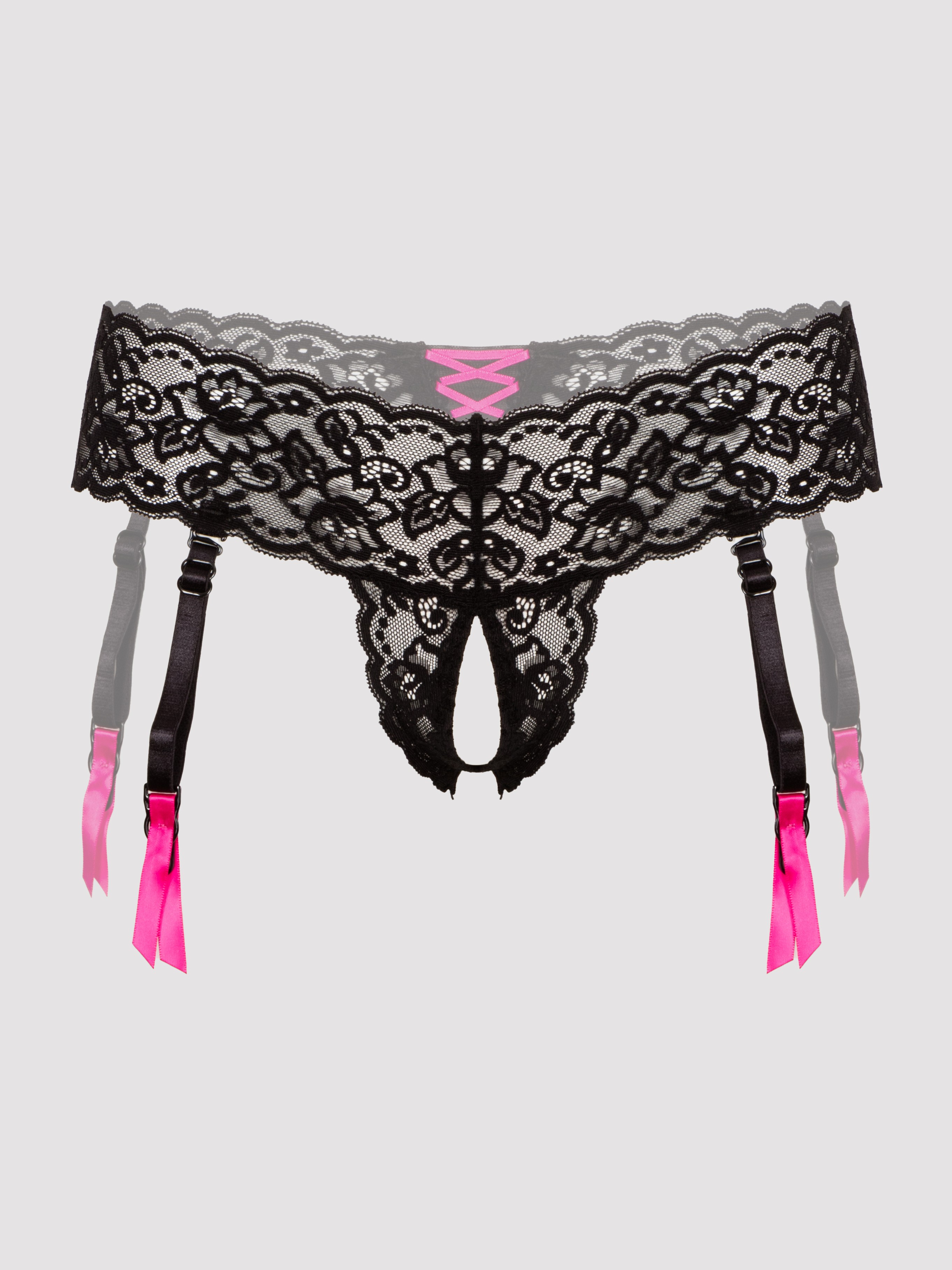 Lovehoney Crotchless Lace Thong with Removable Suspender Straps, Black, hi-res