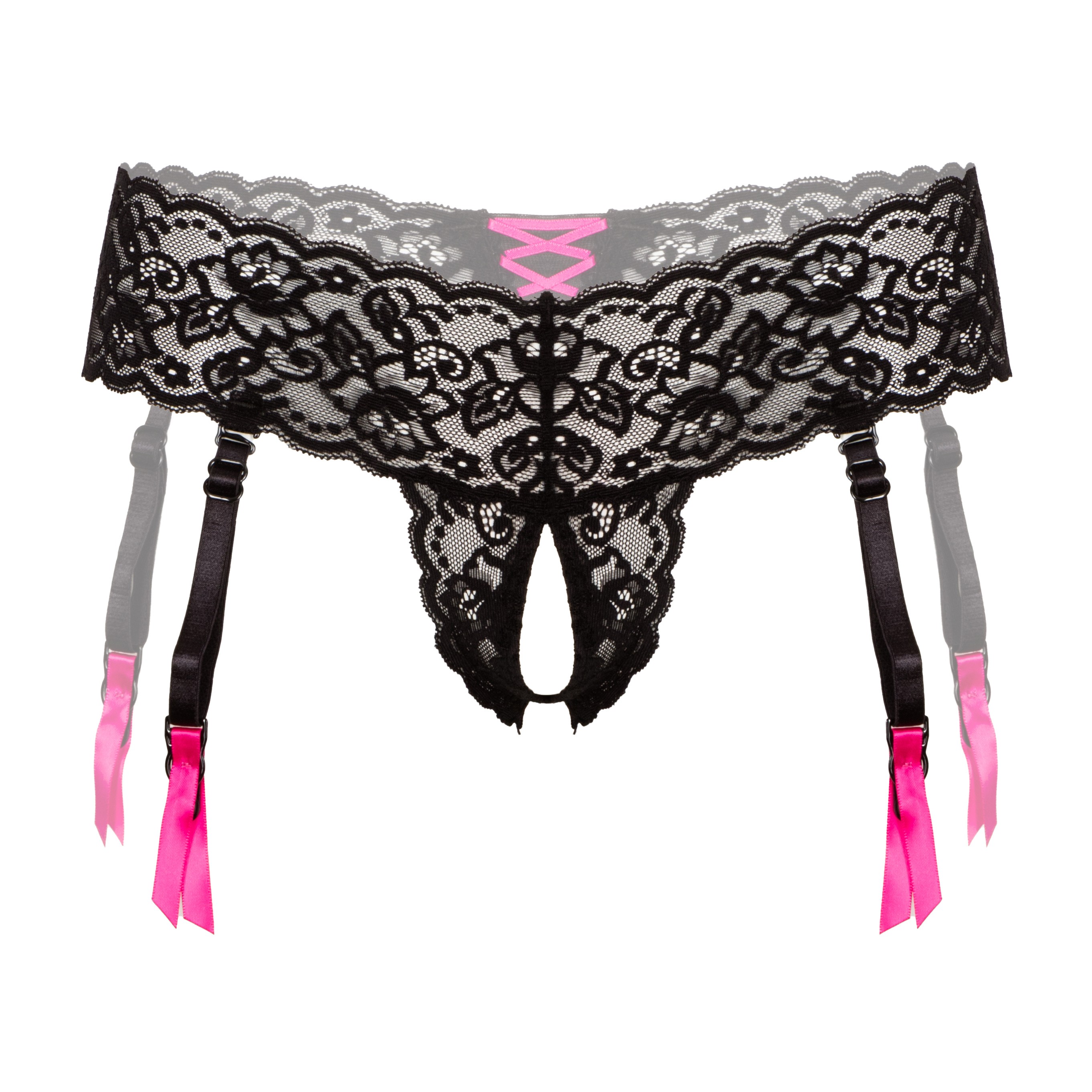 Lovehoney Lingerie Unisex Black Lovehoney Crotchless Lace Thong With Removable Suspender Straps - L / Xl