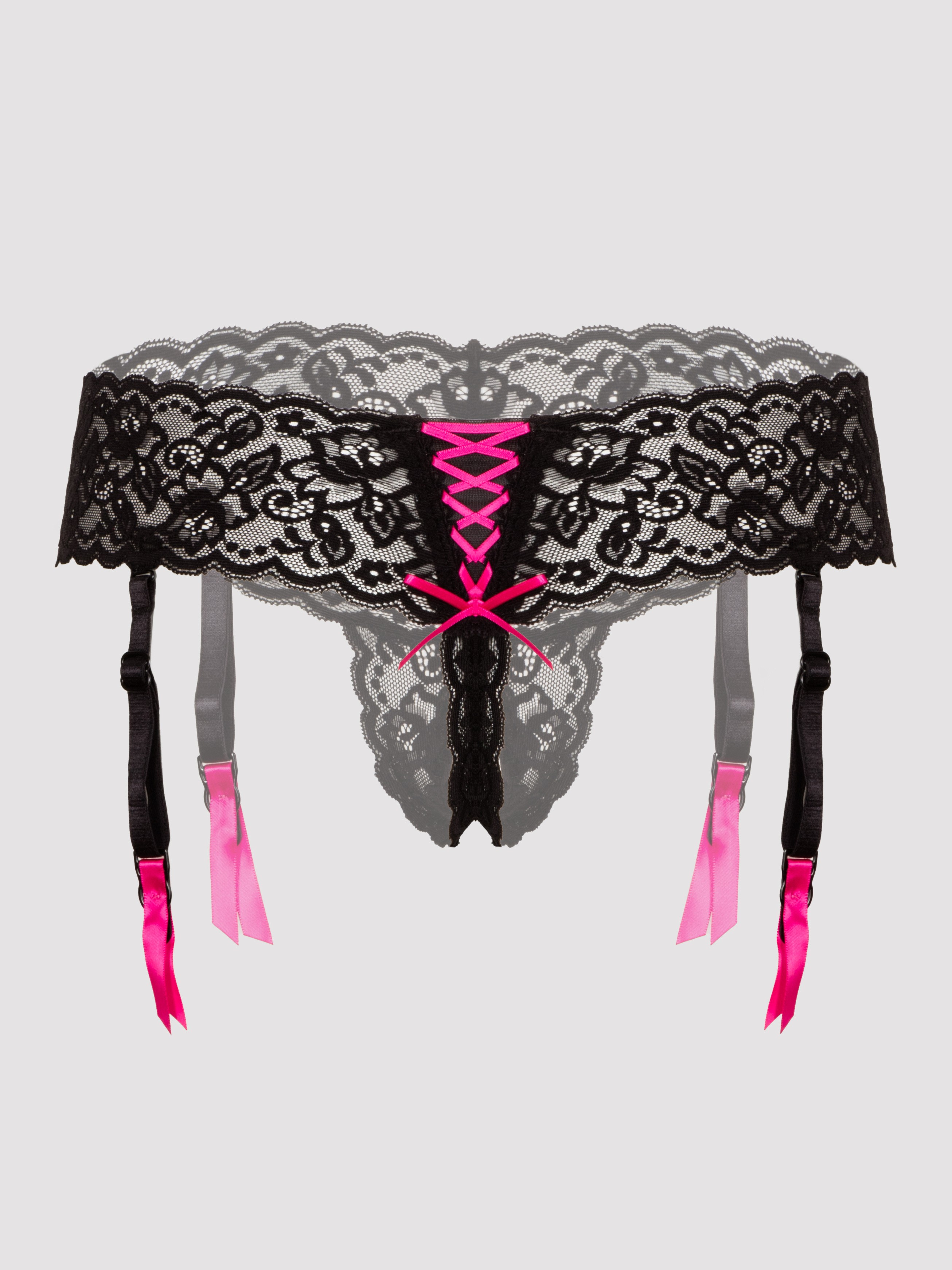 Lovehoney Crotchless Lace Thong with Removable Suspender Straps, Black, hi-res