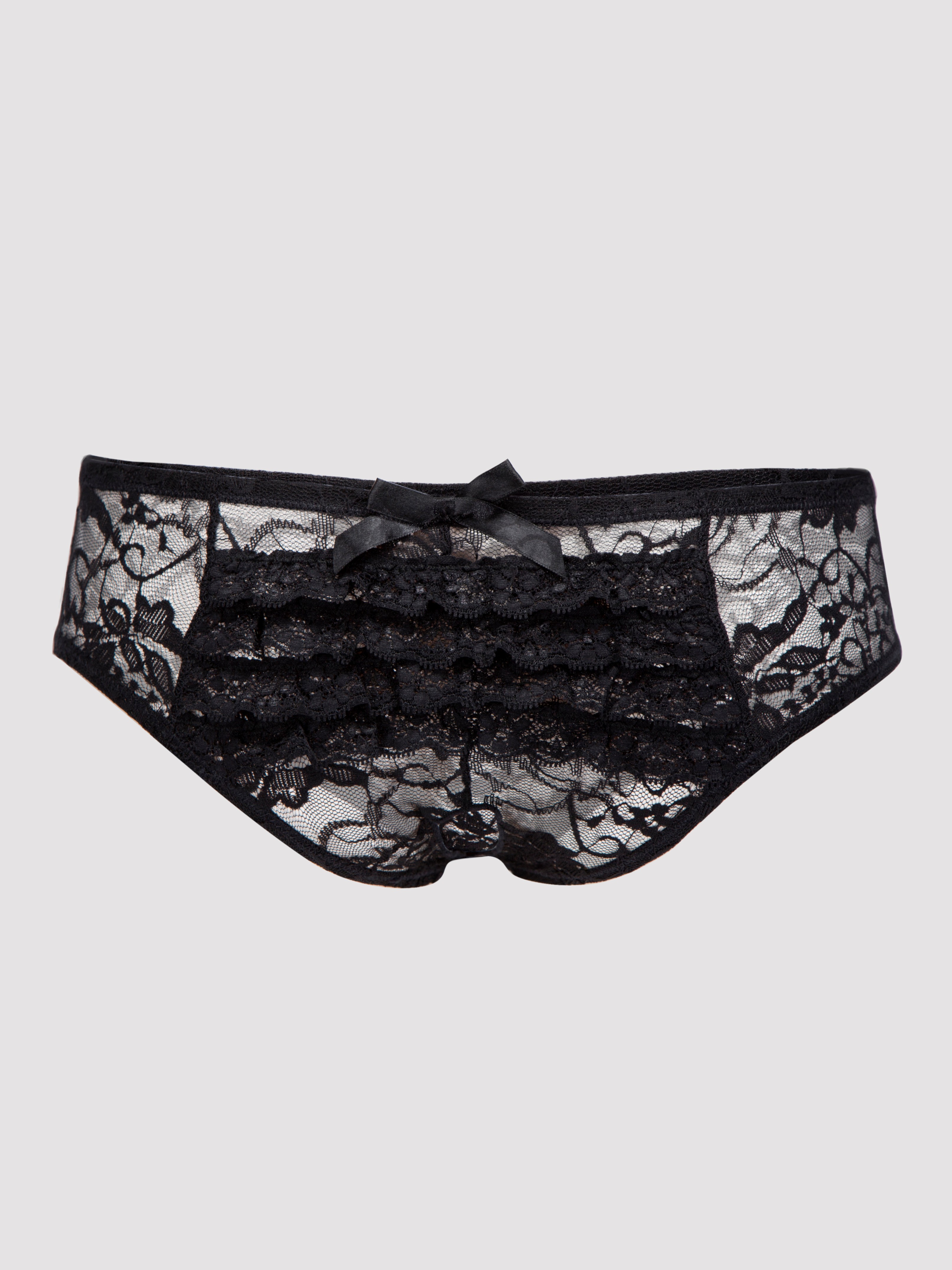 Lovehoney Crotchless Lace Ruffle-Back Knickers, Black, vanilla