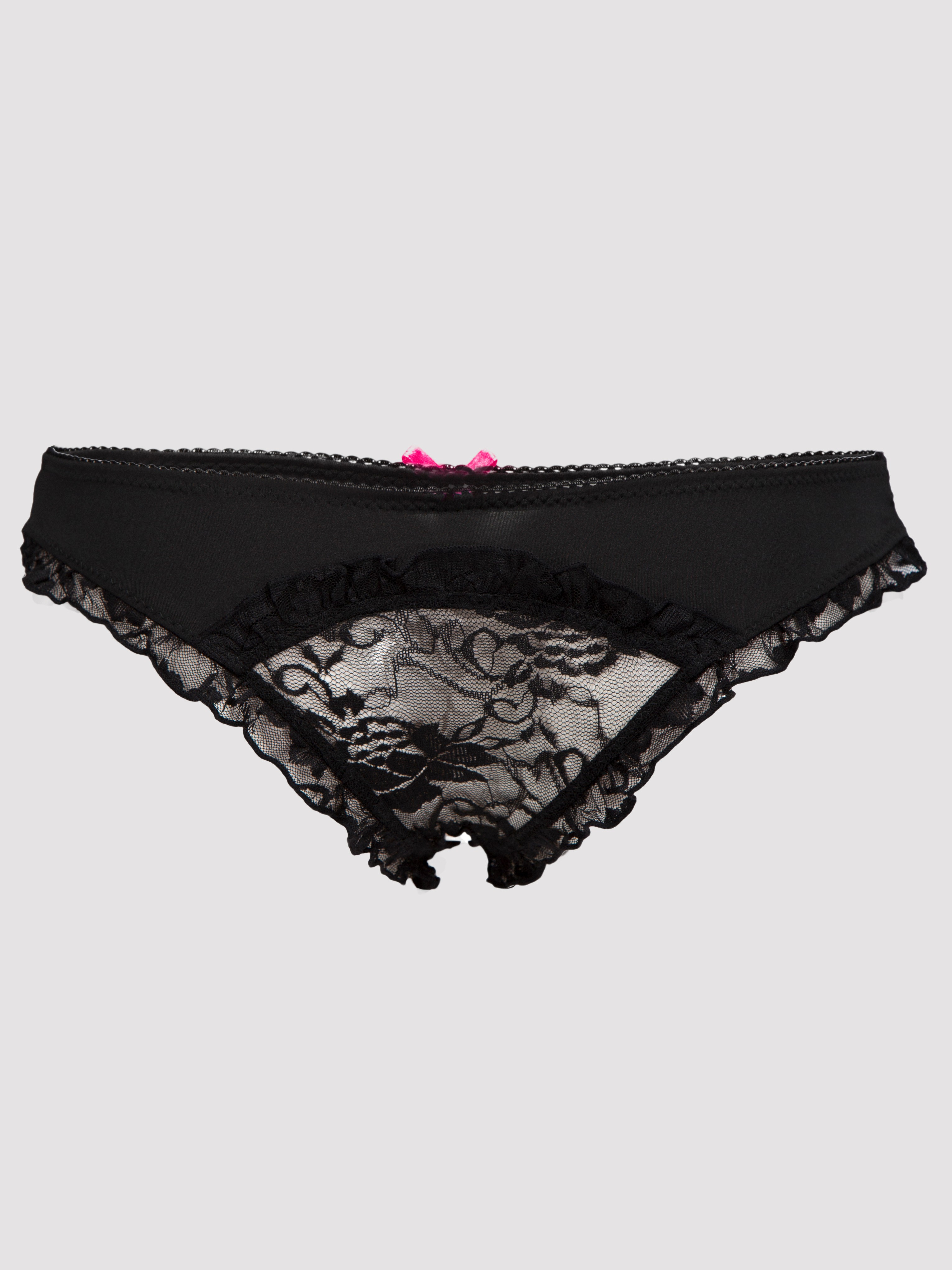 Lovehoney Crotchless Black Lace-Back Knickers, Black, vanilla