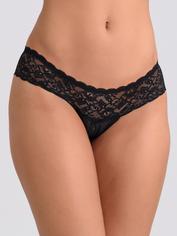Lovehoney Crotchless Lace Thong with Satin Bows, Black, hi-res