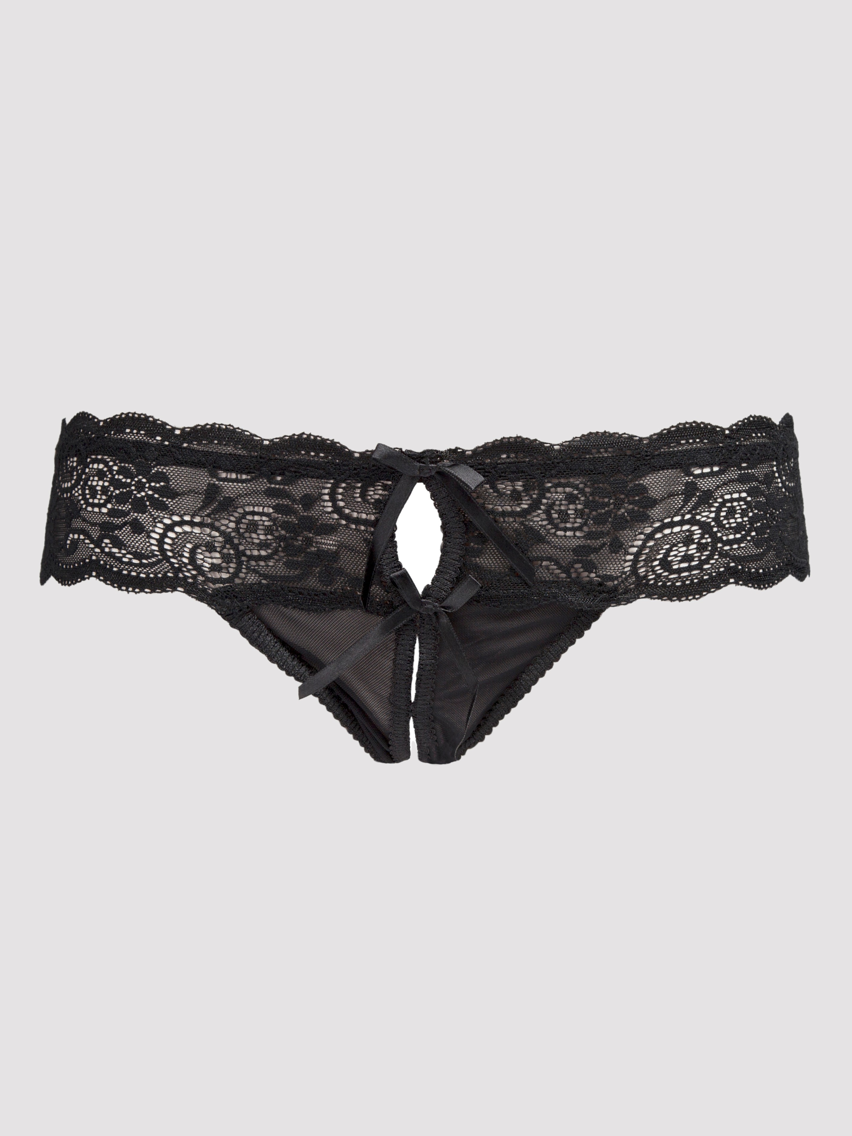 Lovehoney Bow Detail Crotchless Lace Thong, Black, hi-res