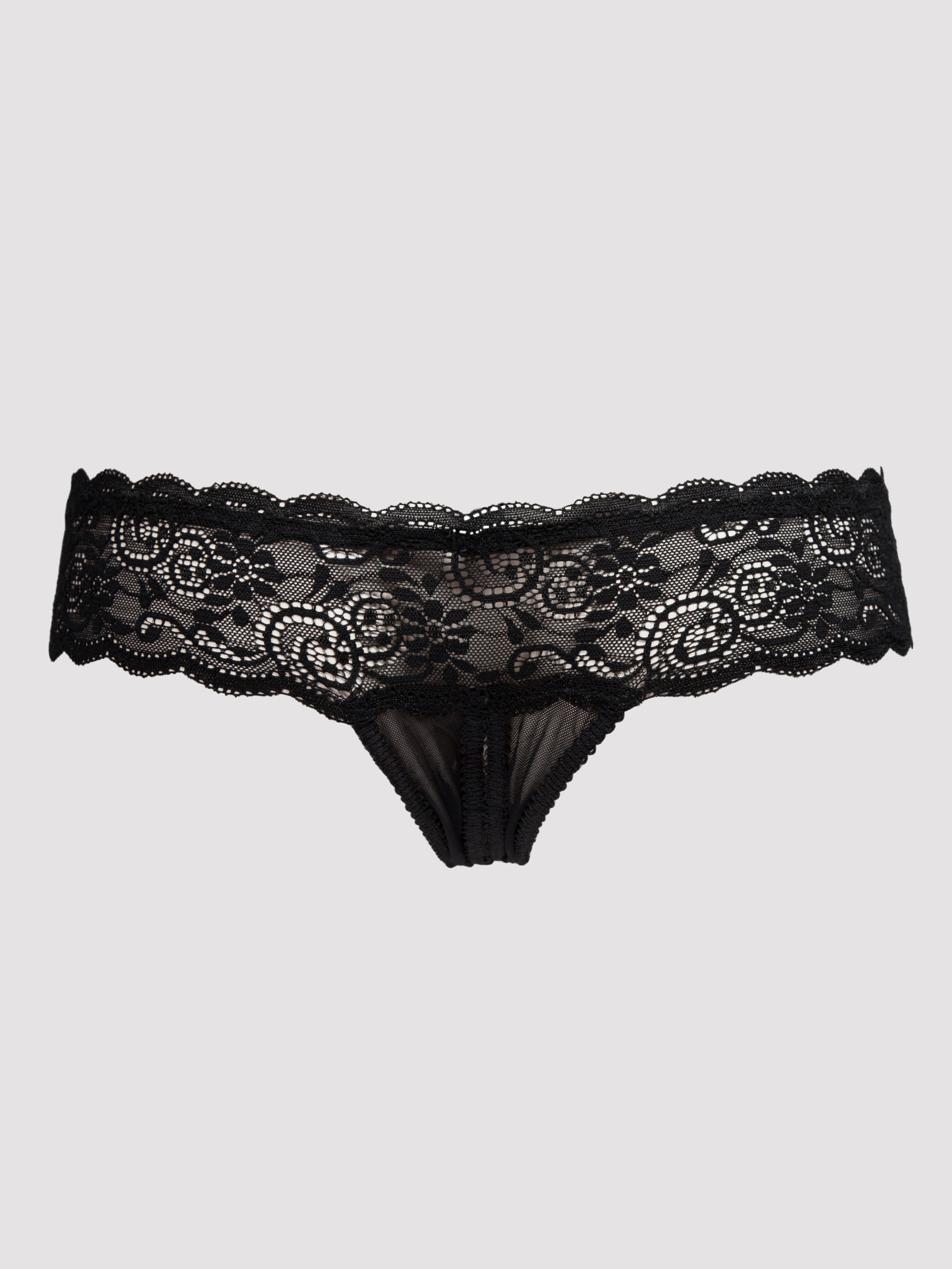 Lovehoney Bow Detail Crotchless Lace Thong, Black, hi-res