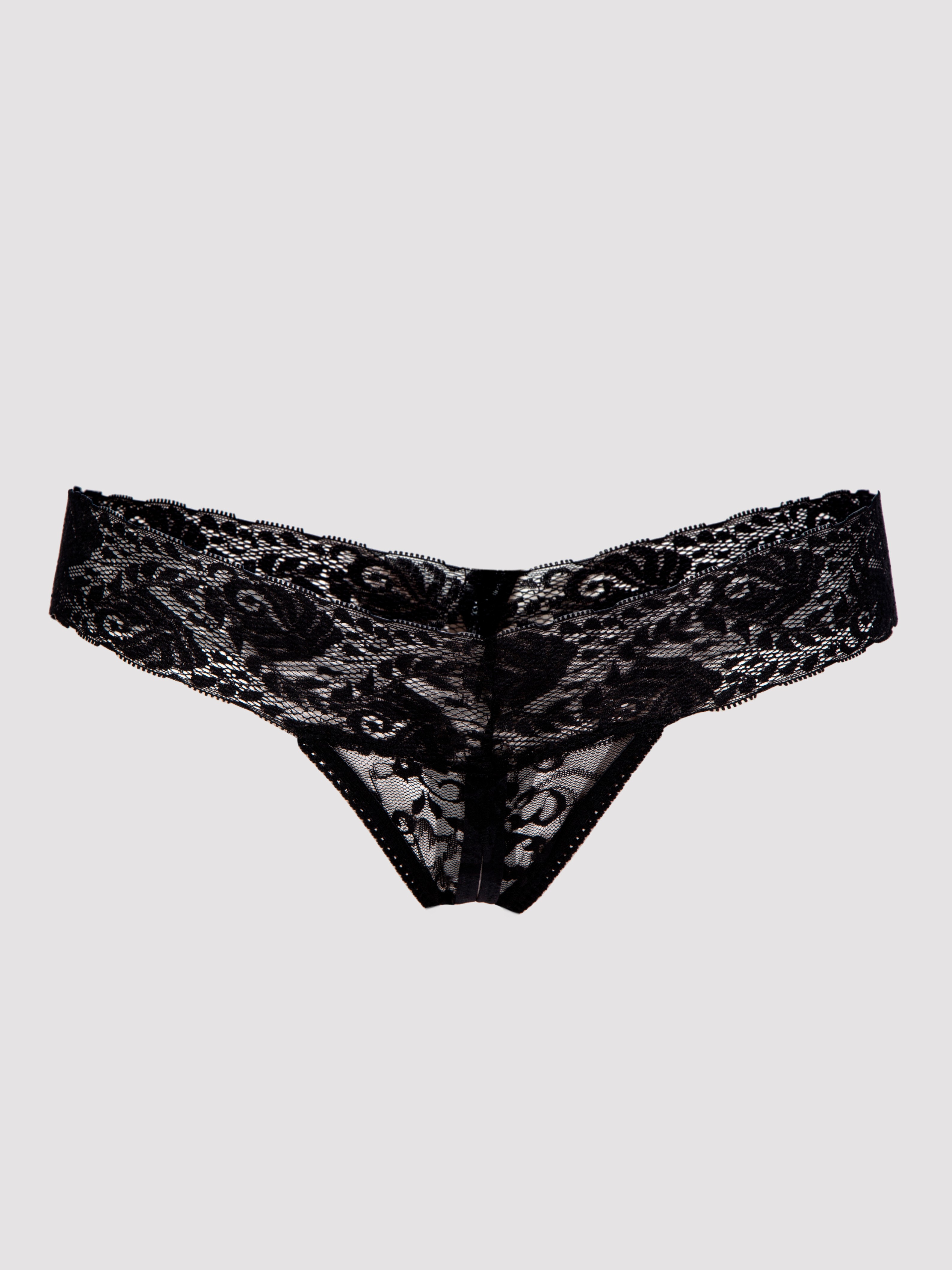 Lovehoney Wide Lace Crotchless Thong, Black, hi-res