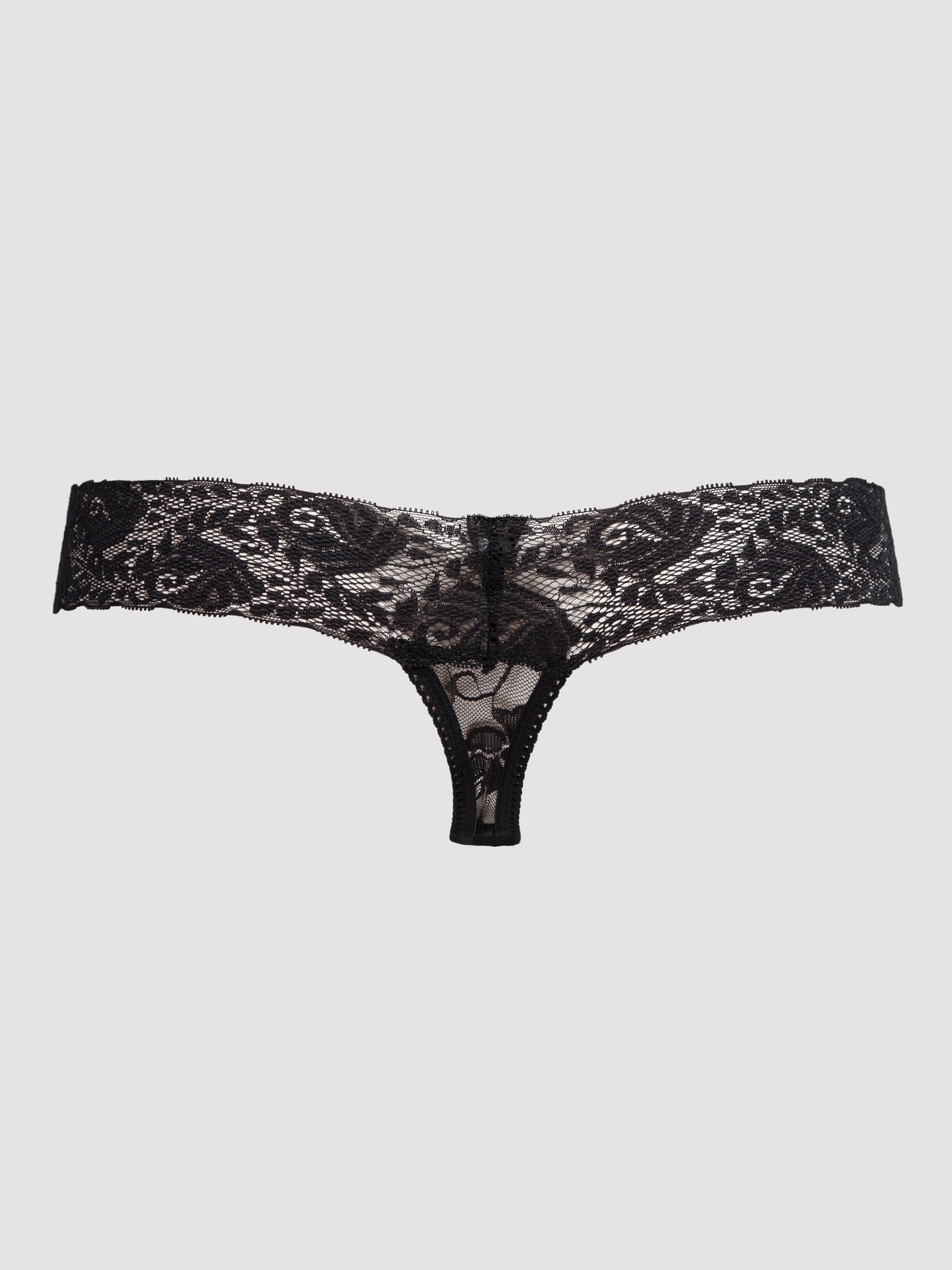 Lovehoney Wide Lace Crotchless Thong, Black, hi-res