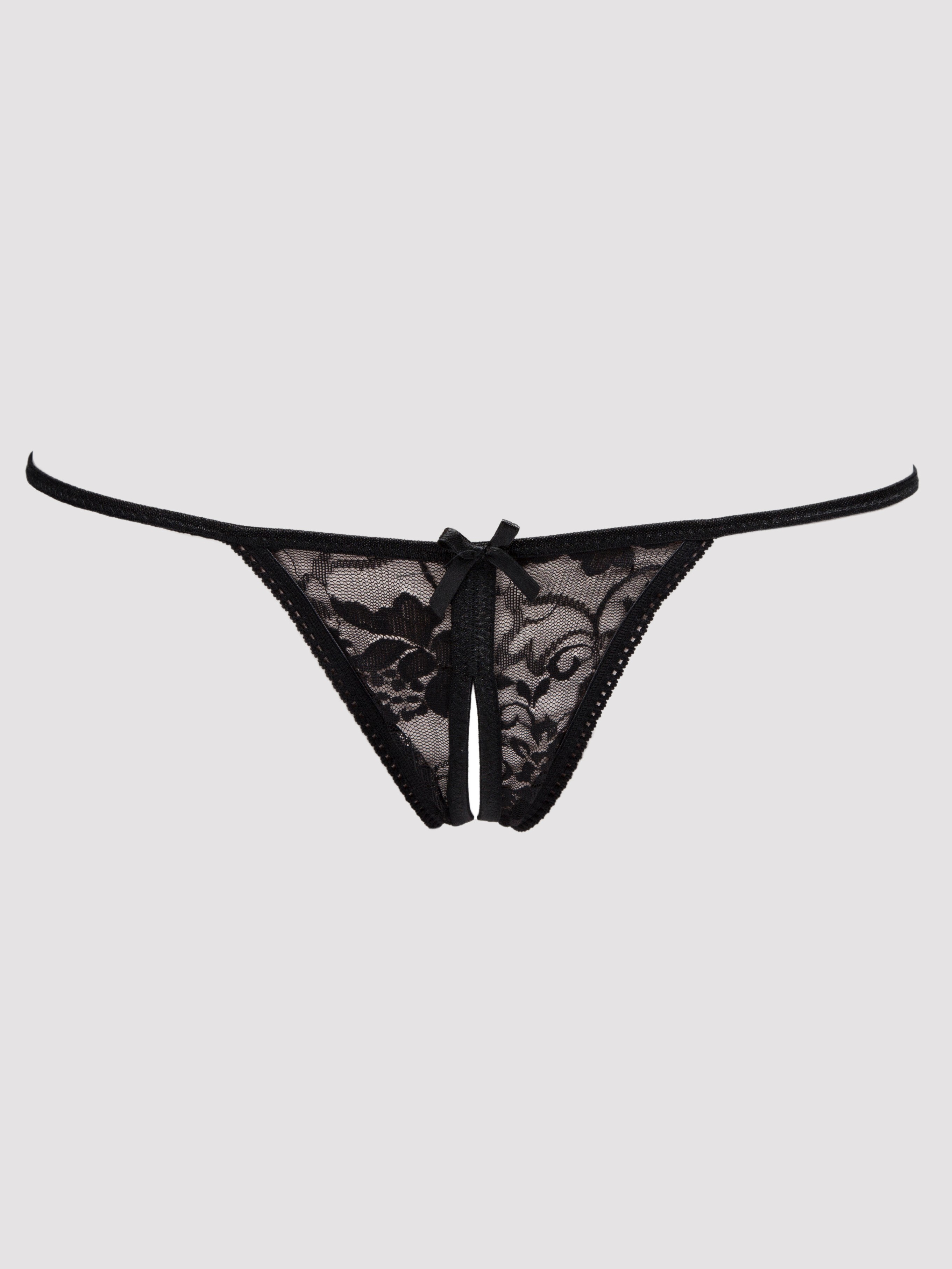 Lovehoney Crotchless Lace G-String, Black, hi-res
