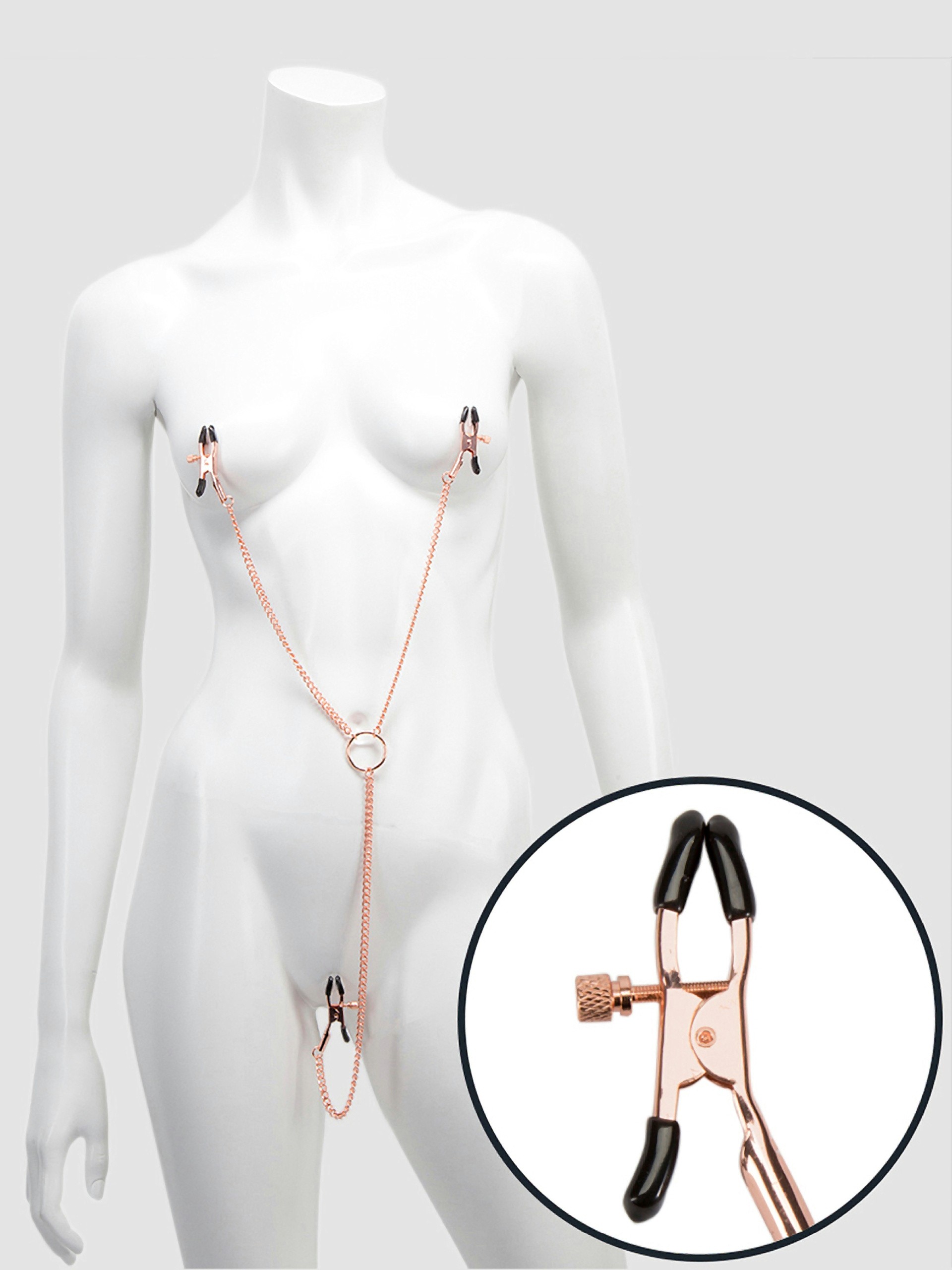 Entice Triple Nipple and Clit Clamps with Chain, Gold, hi-res