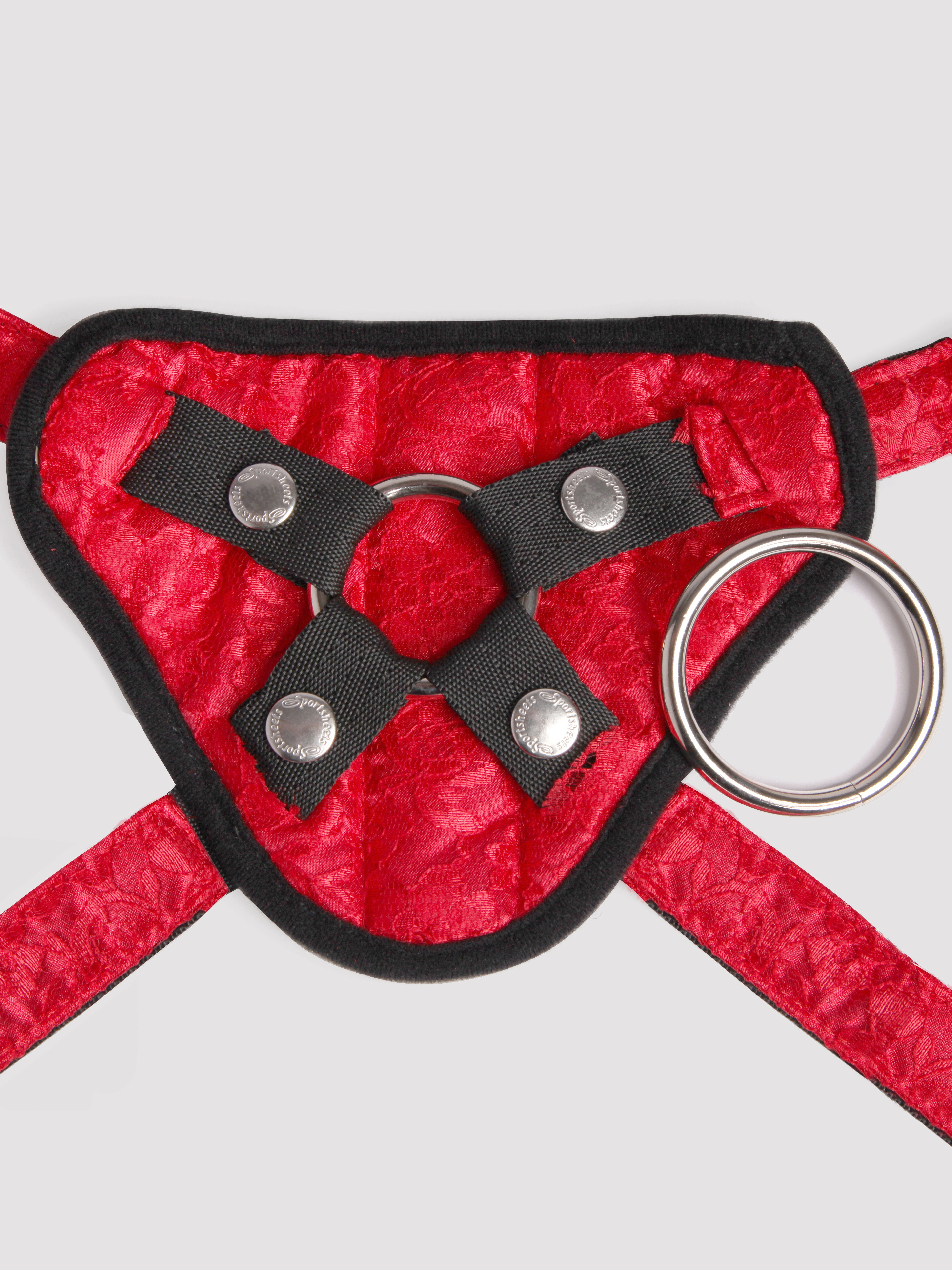 Sportsheets Plus Size Chantilly Lace Corset-Back Unisex Strap On Harness, Red, hi-res