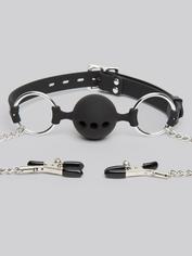 DOMINIX Deluxe Large Breathable Ball Gag with Nipple Clamps, Black, hi-res
