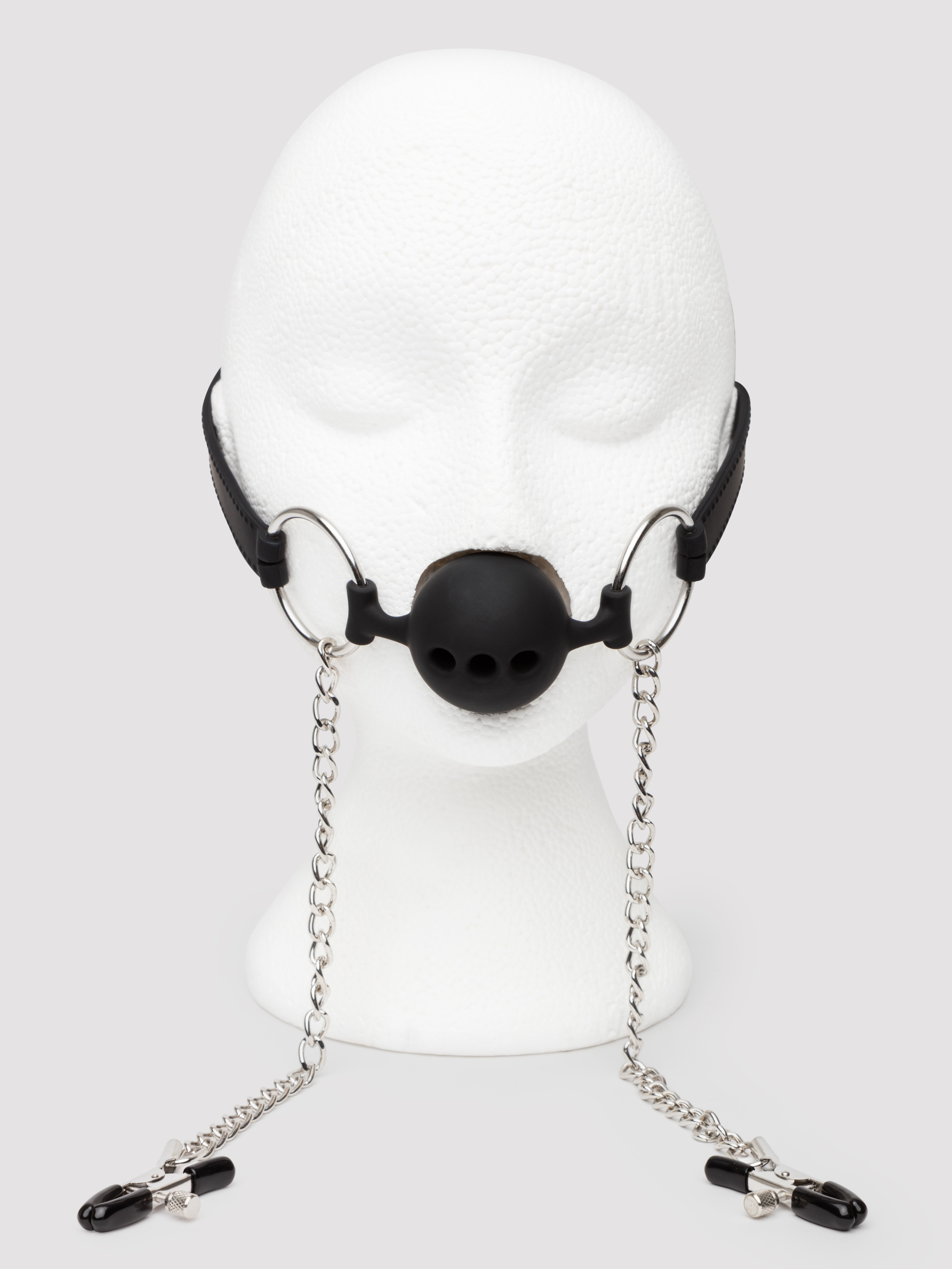 DOMINIX Deluxe Large Breathable Ball Gag with Nipple Clamps, Black, hi-res