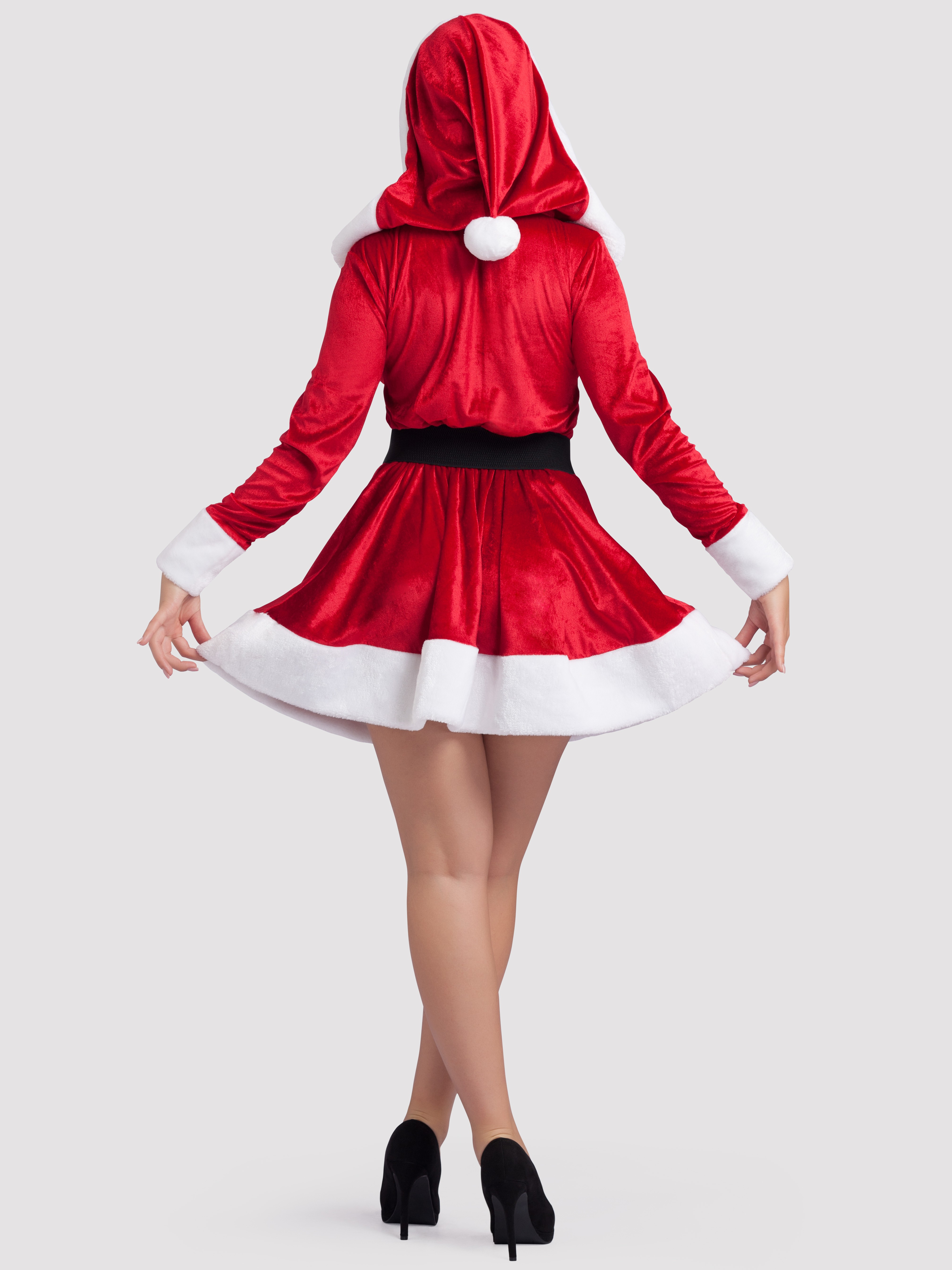 Hooded Sexy Santa Dress with Belt, Red, hi-res