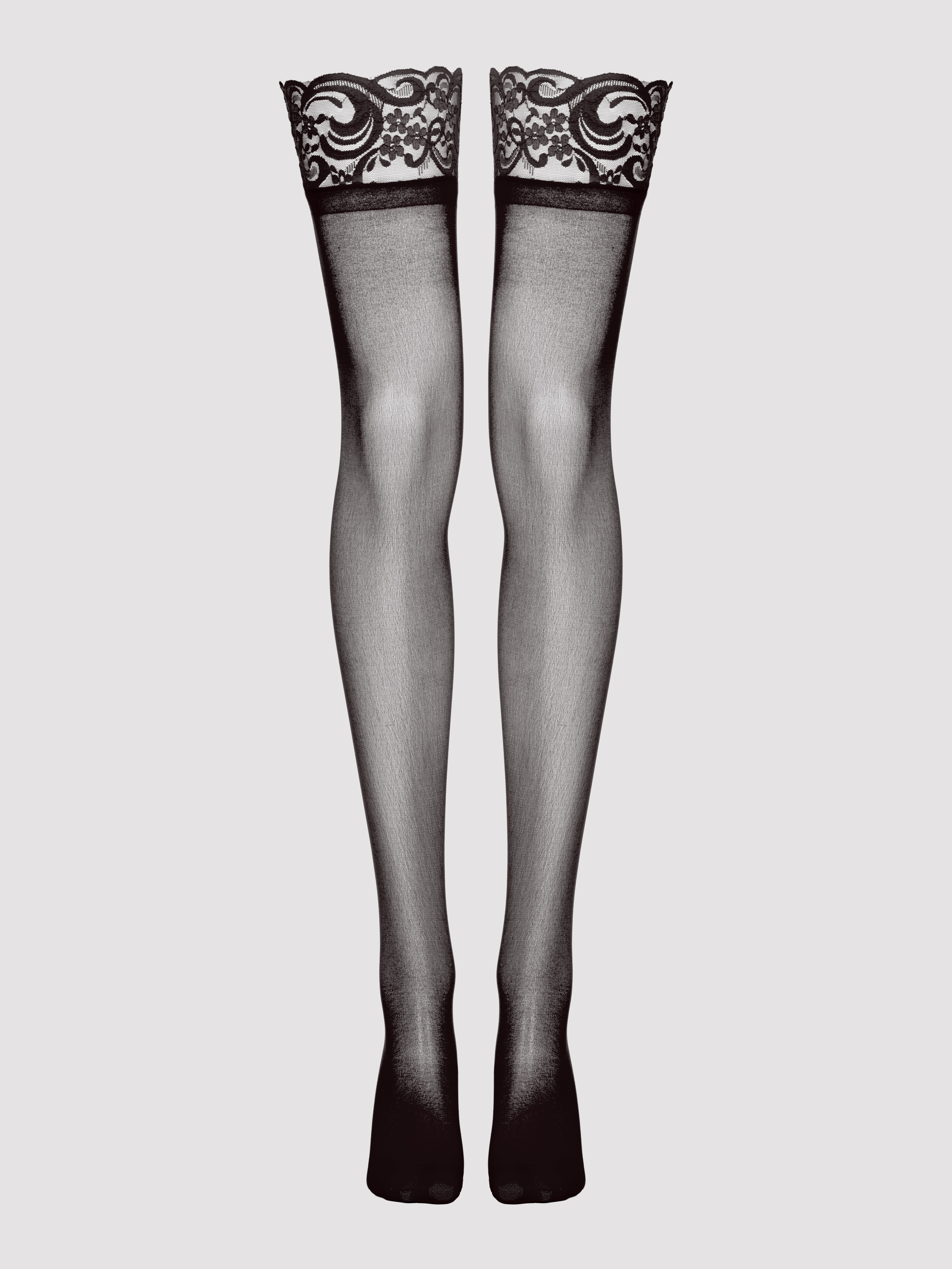 Lovehoney Sheer Lace Top Thigh Highs, Black, hi-res