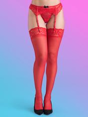 Lovehoney Sheer Black Lace Top Thigh High Stockings, Red, hi-res