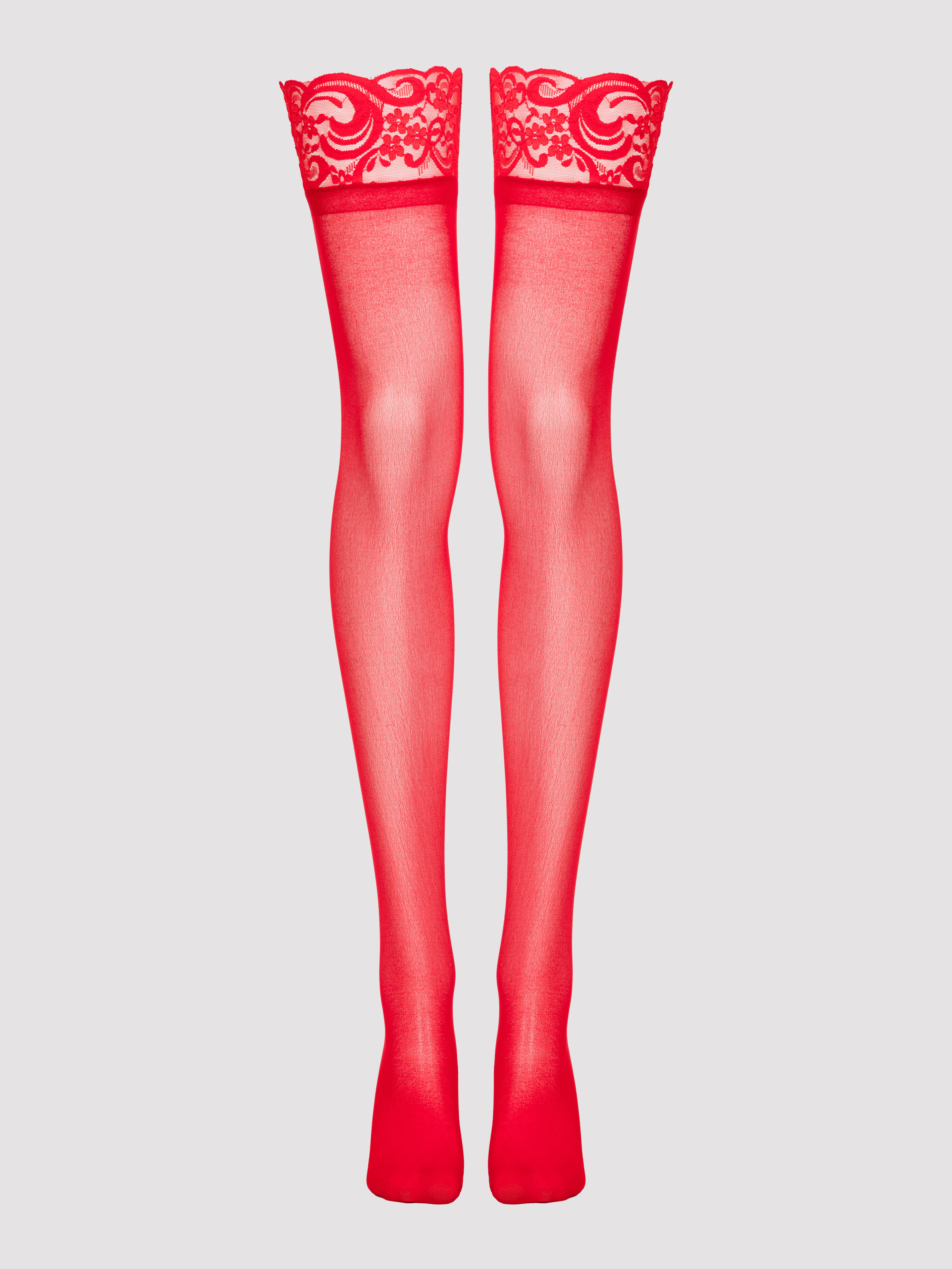 Lovehoney Sheer Black Lace Top Thigh-High Stockings, Red, vanilla