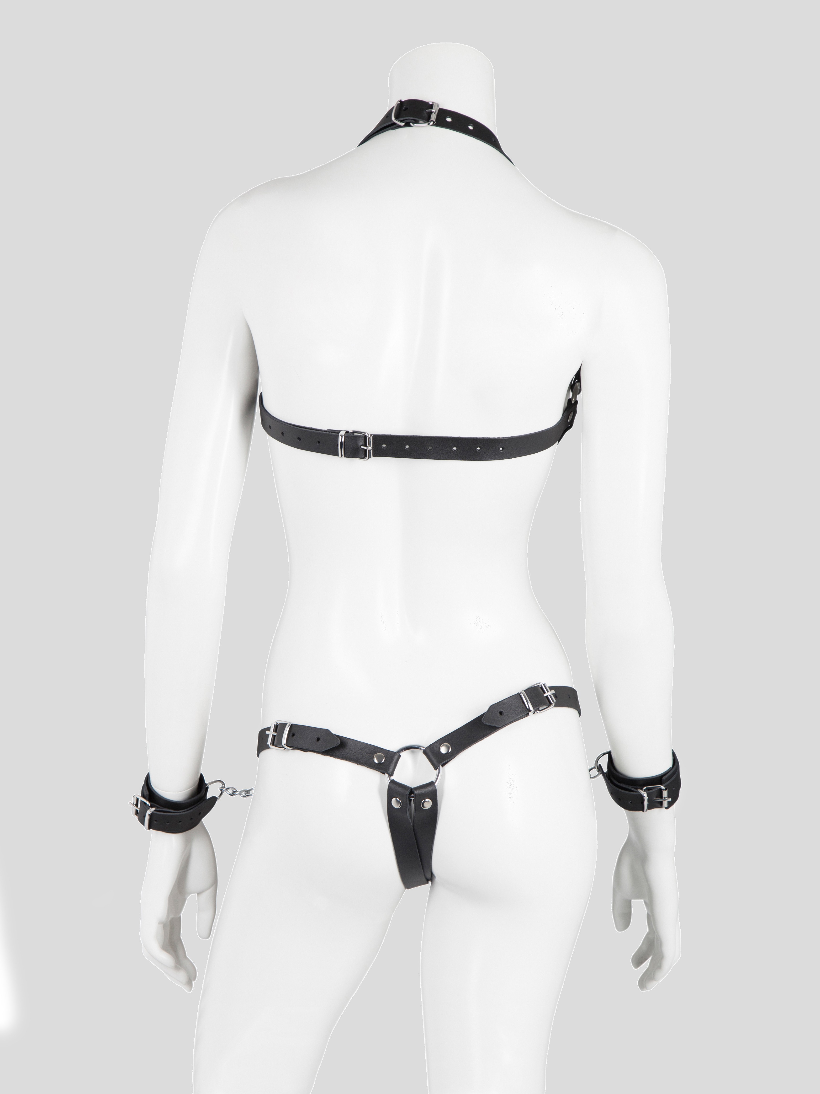 DOMINIX Deluxe Leather Open Cup Body Harness with Cuffs, Black, hi-res