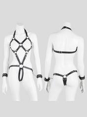 DOMINIX Deluxe Leather Open Cup Body Harness with Cuffs, Black, hi-res