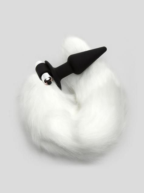 Frisky Faux Fur Fox Tail Vibrating Silicone Butt Plug 4 Inch, Black, hi-res