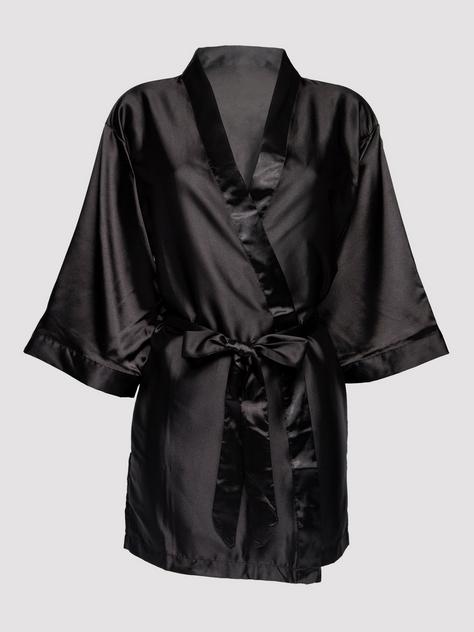 Lovehoney Short Black Satin Robe, Black, hi-res