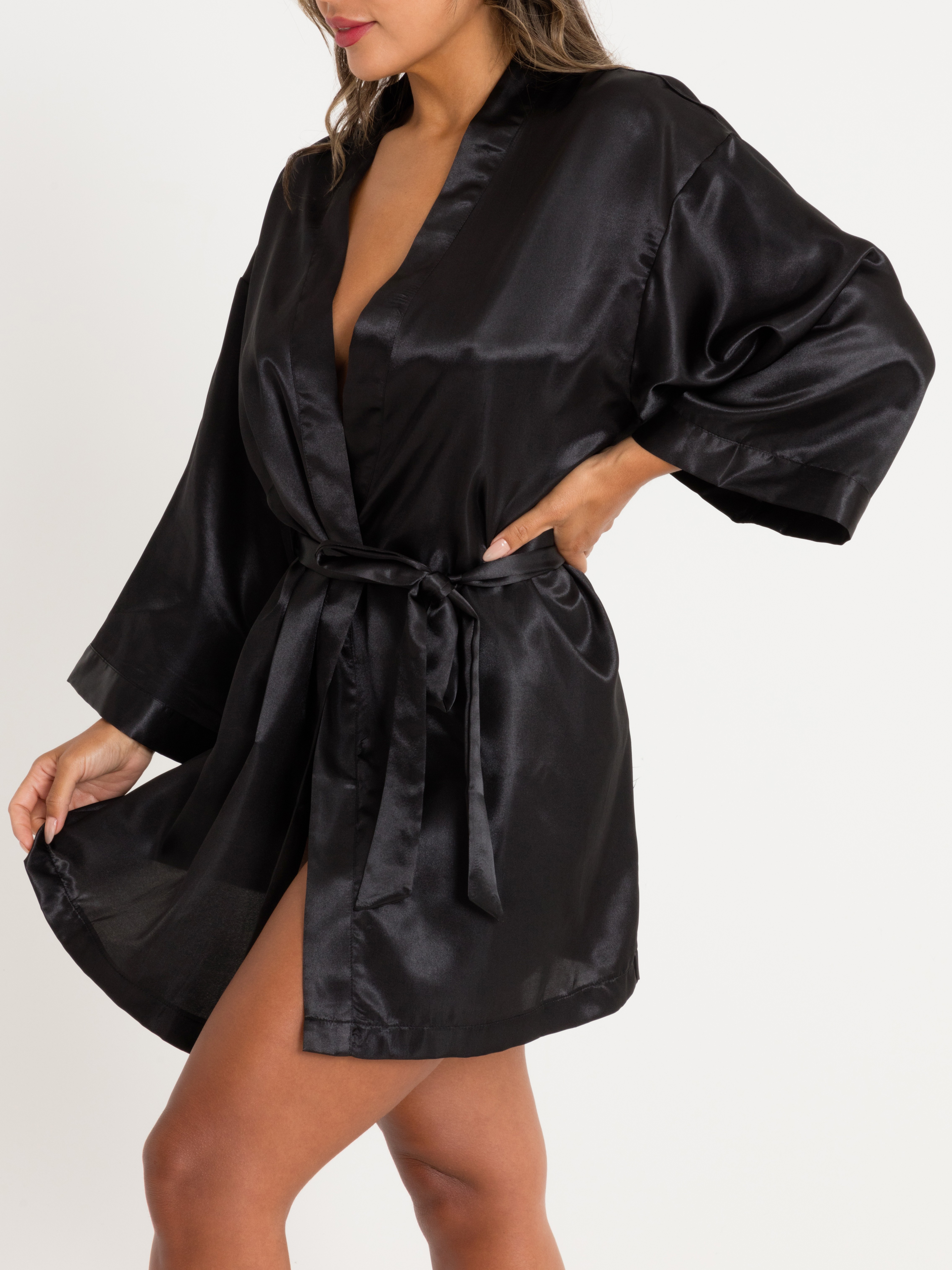 Lovehoney Short Black Satin Robe, Black, hi-res