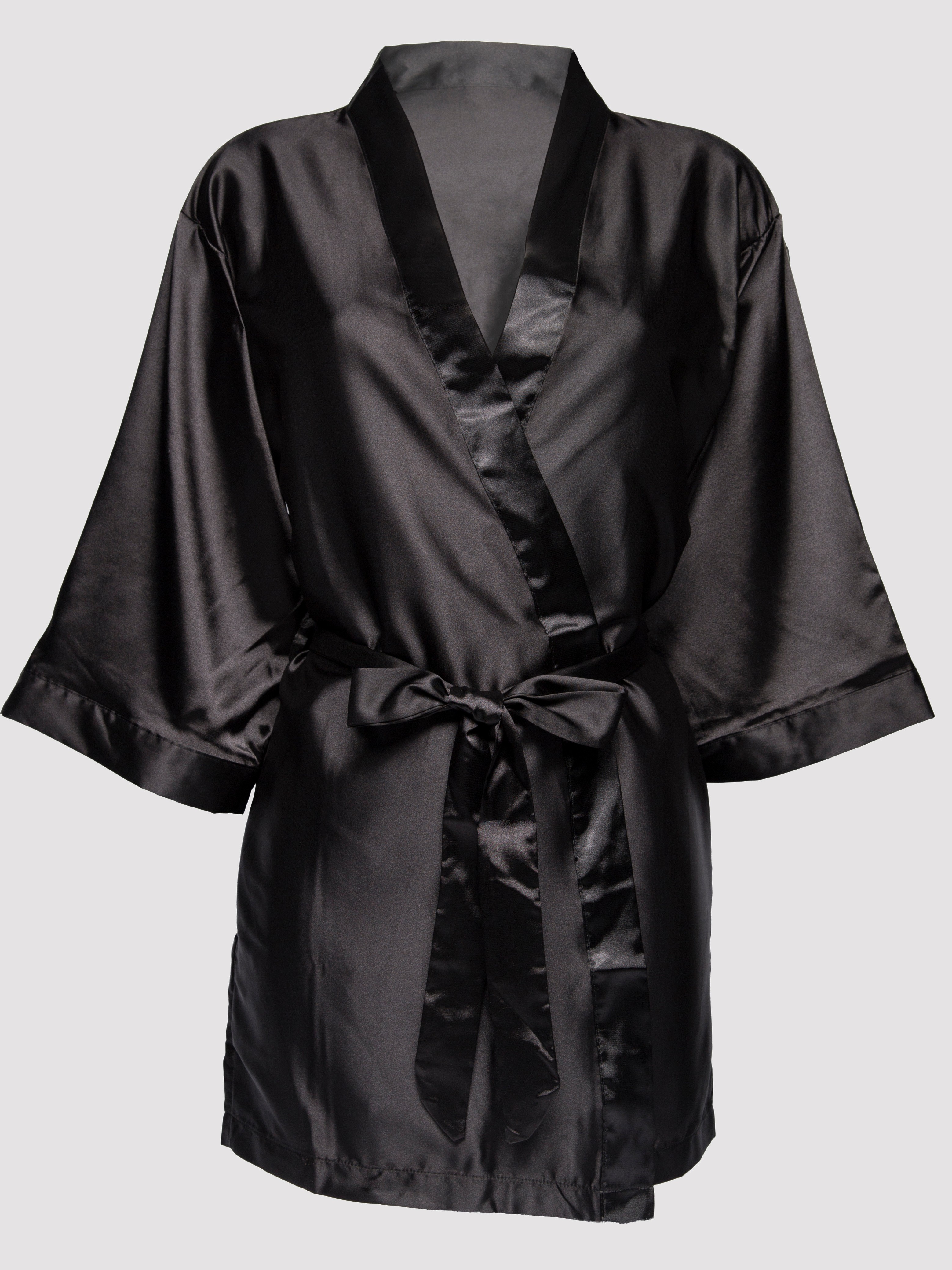 Lovehoney Short Black Satin Robe, Black, hi-res