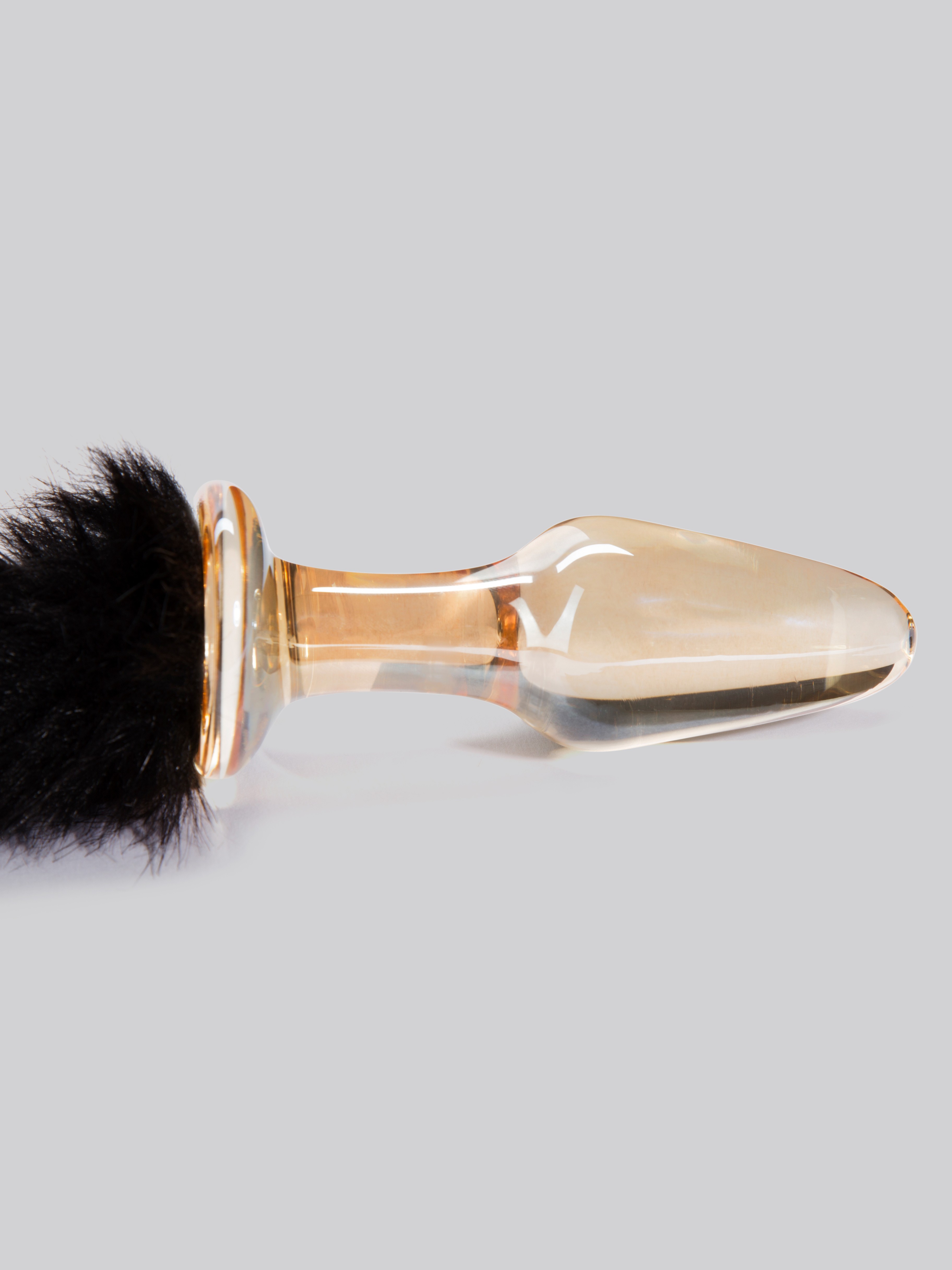 Glass Butt Plug with Faux Fur Tail, Black, hi-res