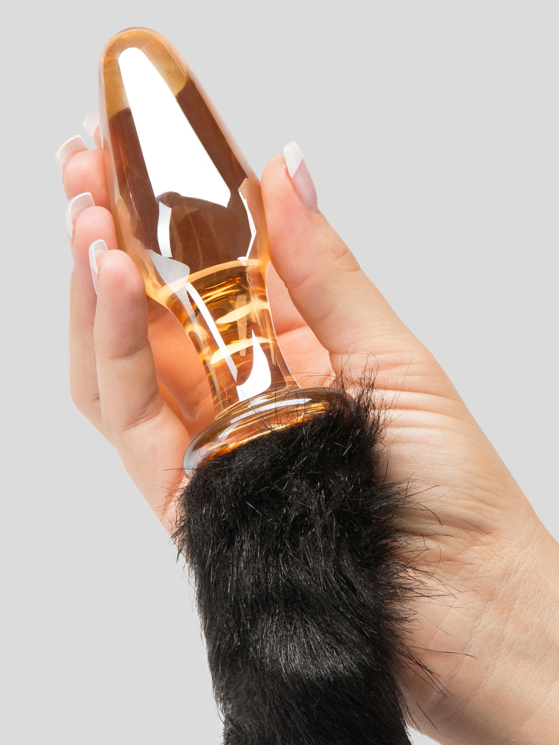 Glass Butt Plug with Faux Fur Tail, Black, hi-res