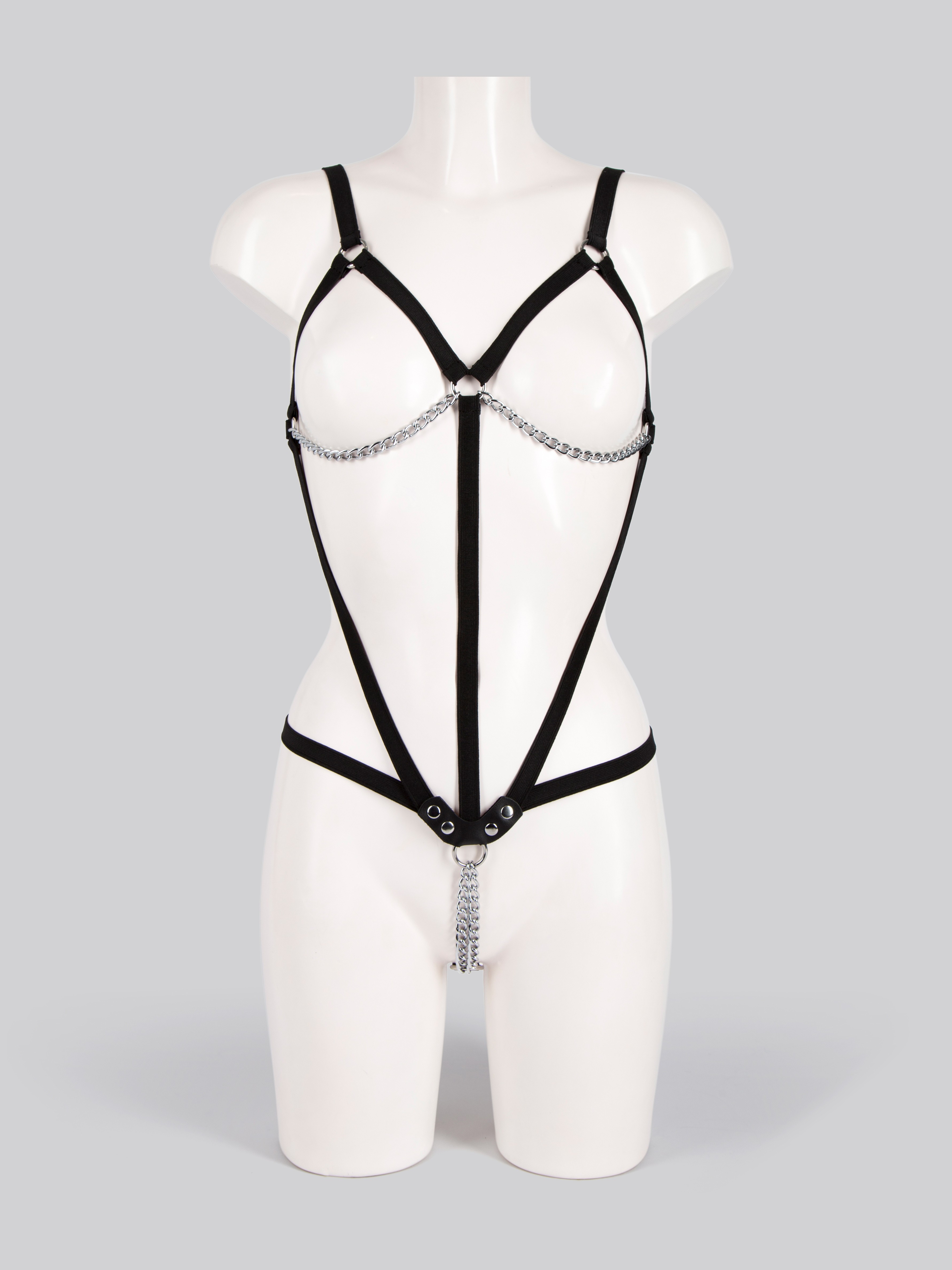 Bondage Boutique Open Cup Body Harness with Chains, Black, hi-res